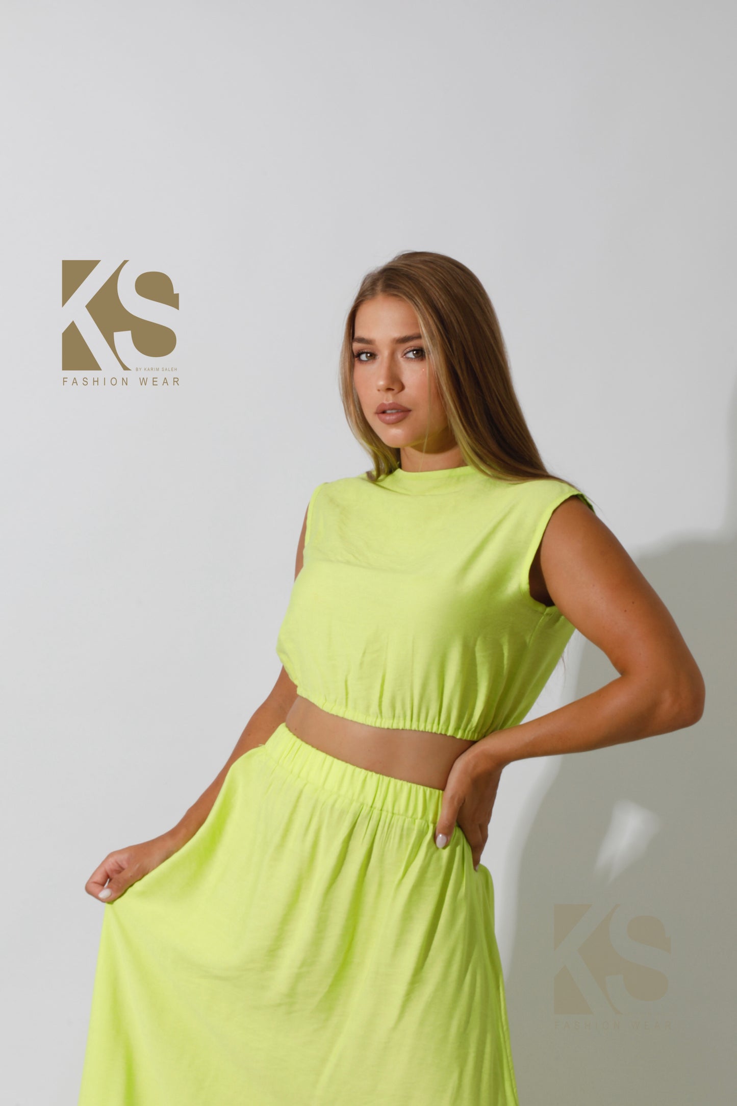 Co-Ord Crop Top & Maxi Side Slite Skirt - Lime Green