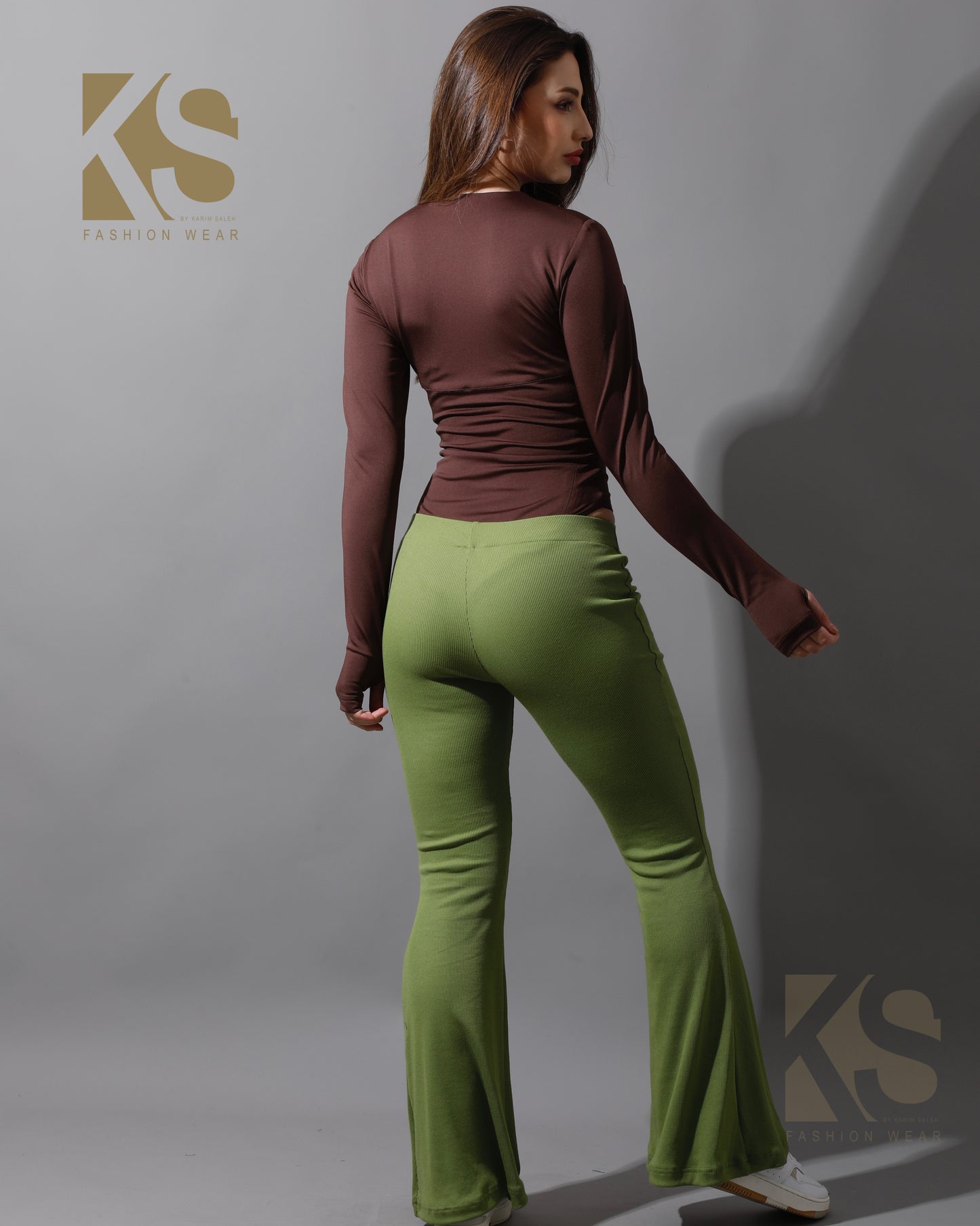 Slinky Flared Trousers - Kiwi Green