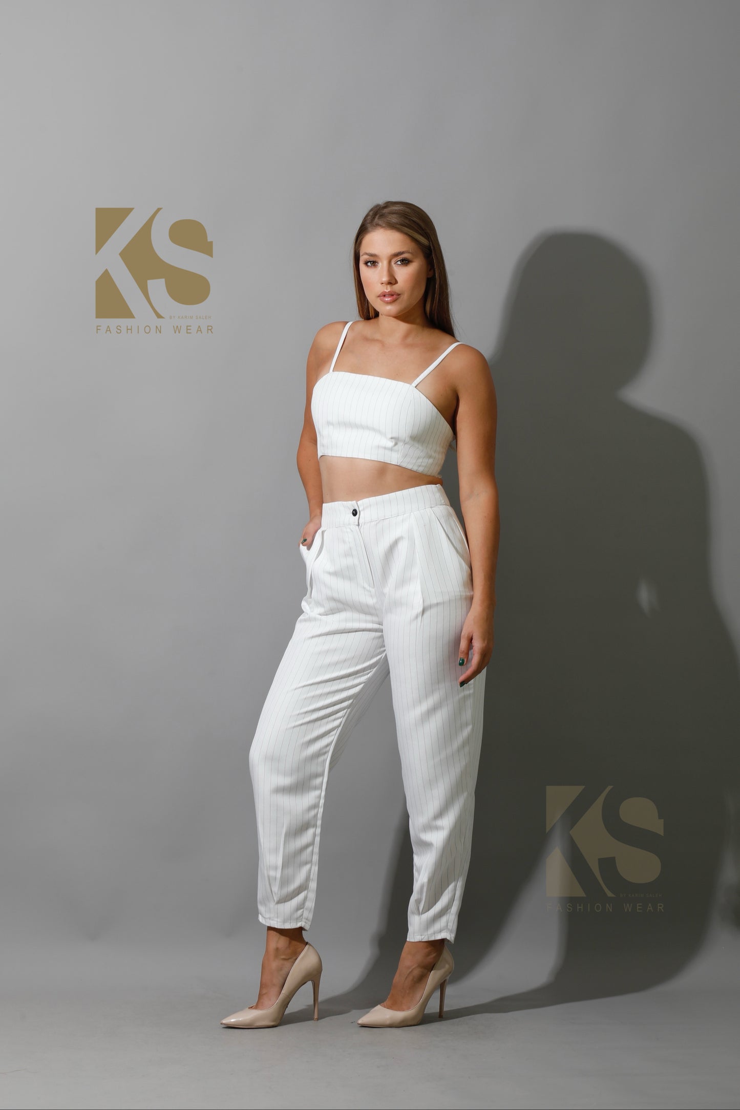 Striped Paper-bag Pants Co-Ord - White