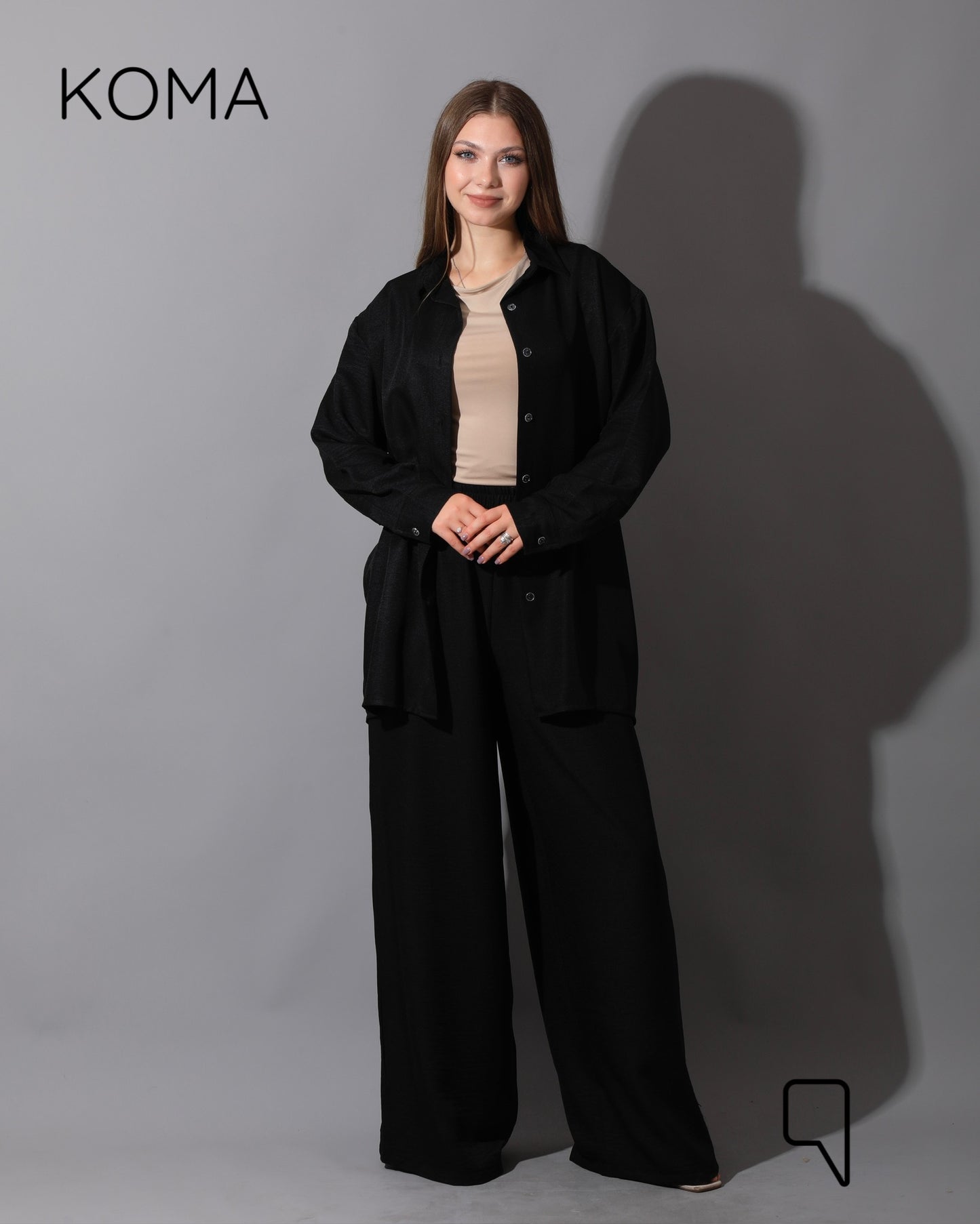 Co-Ord Lenin Long Sleeve Shirt & Wide Leg Trousers - Black