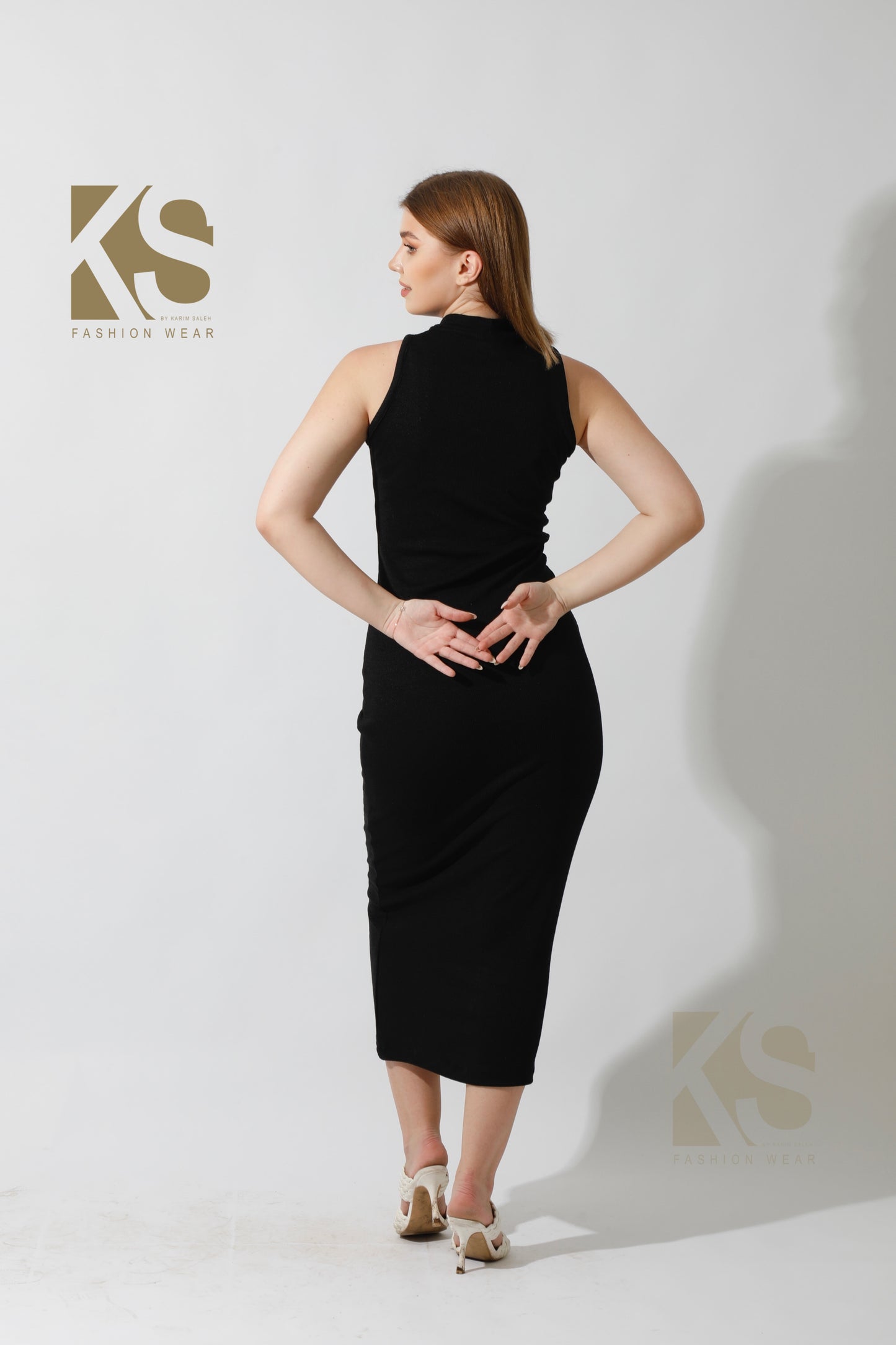 Slinky High Neck Midi Sleeveless Dress - Black