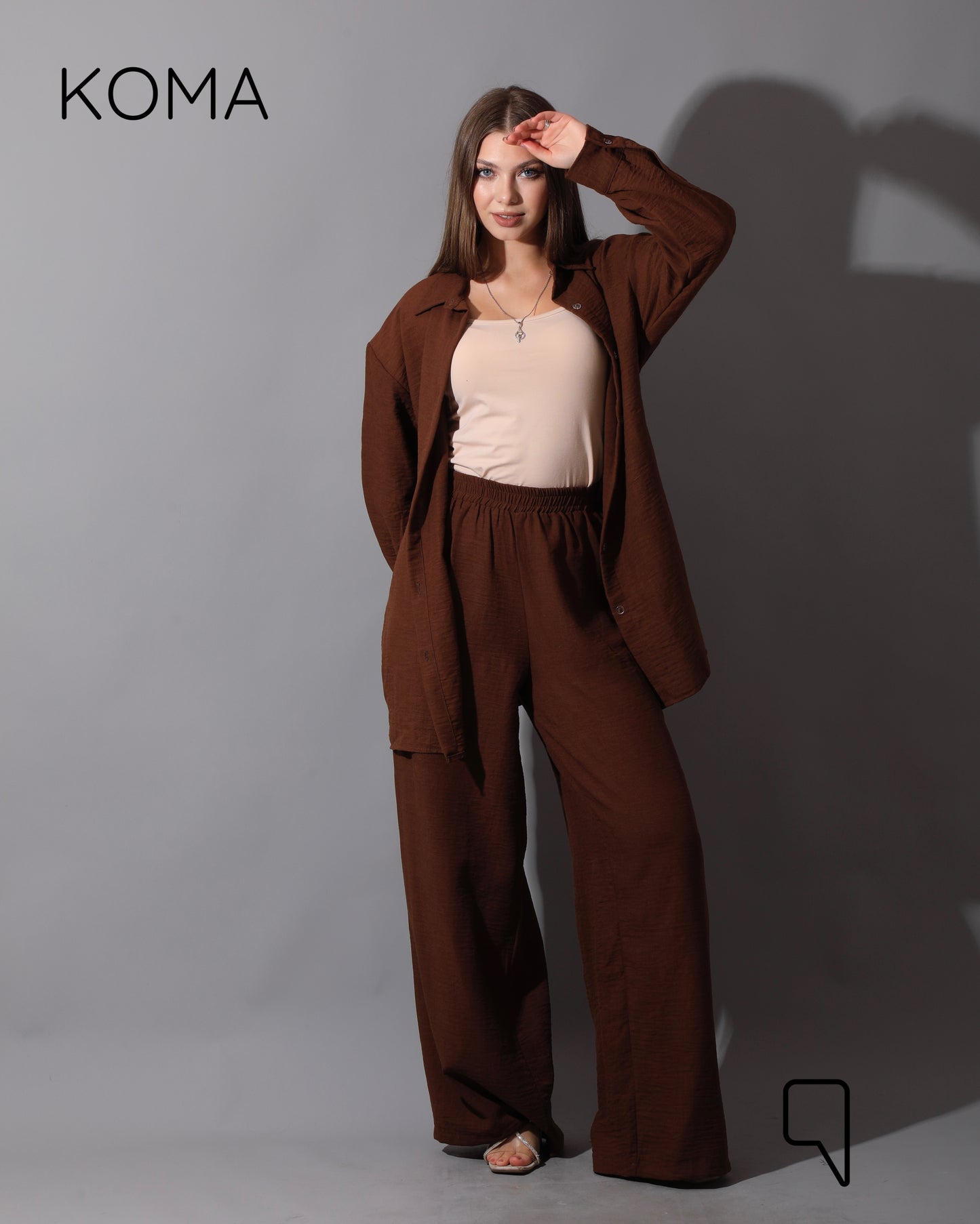 Co-Ord Lenin Long Sleeve Shirt & Wide Leg Trousers - Brown