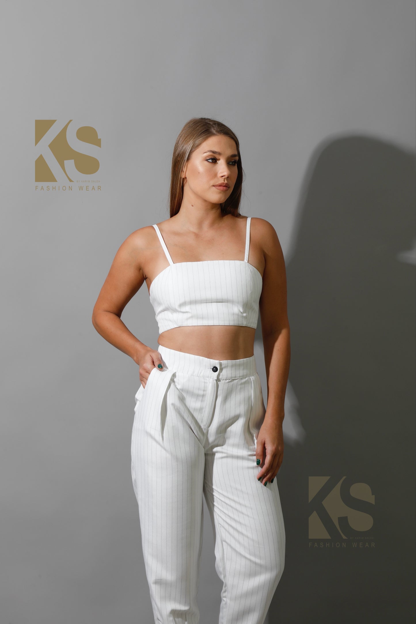 Striped Paper-bag Pants Co-Ord - White