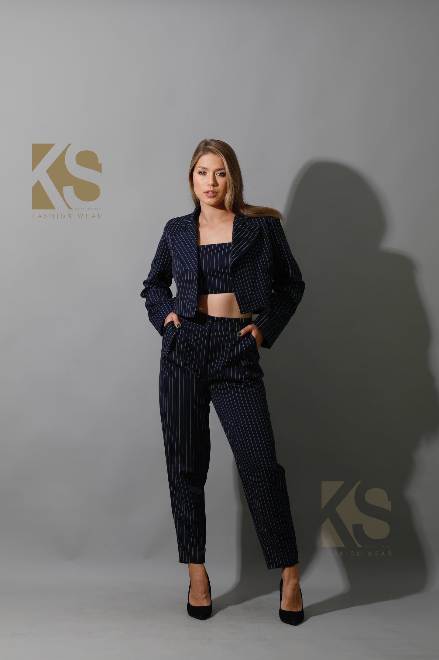 Striped Paper-bag Pants Co-Ord - Navy