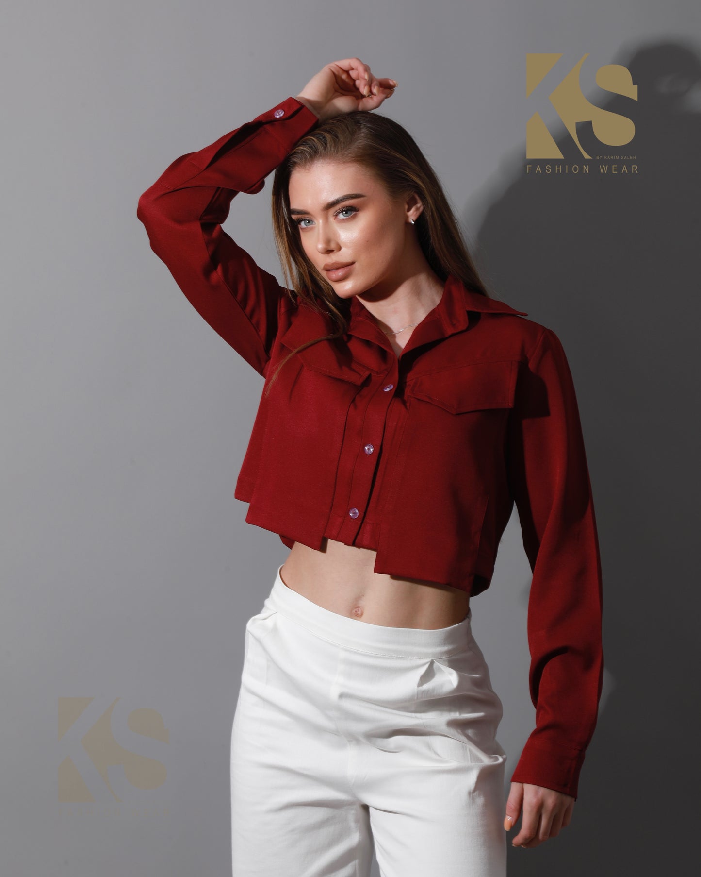 Pockets Cropped Shirt - Maroon