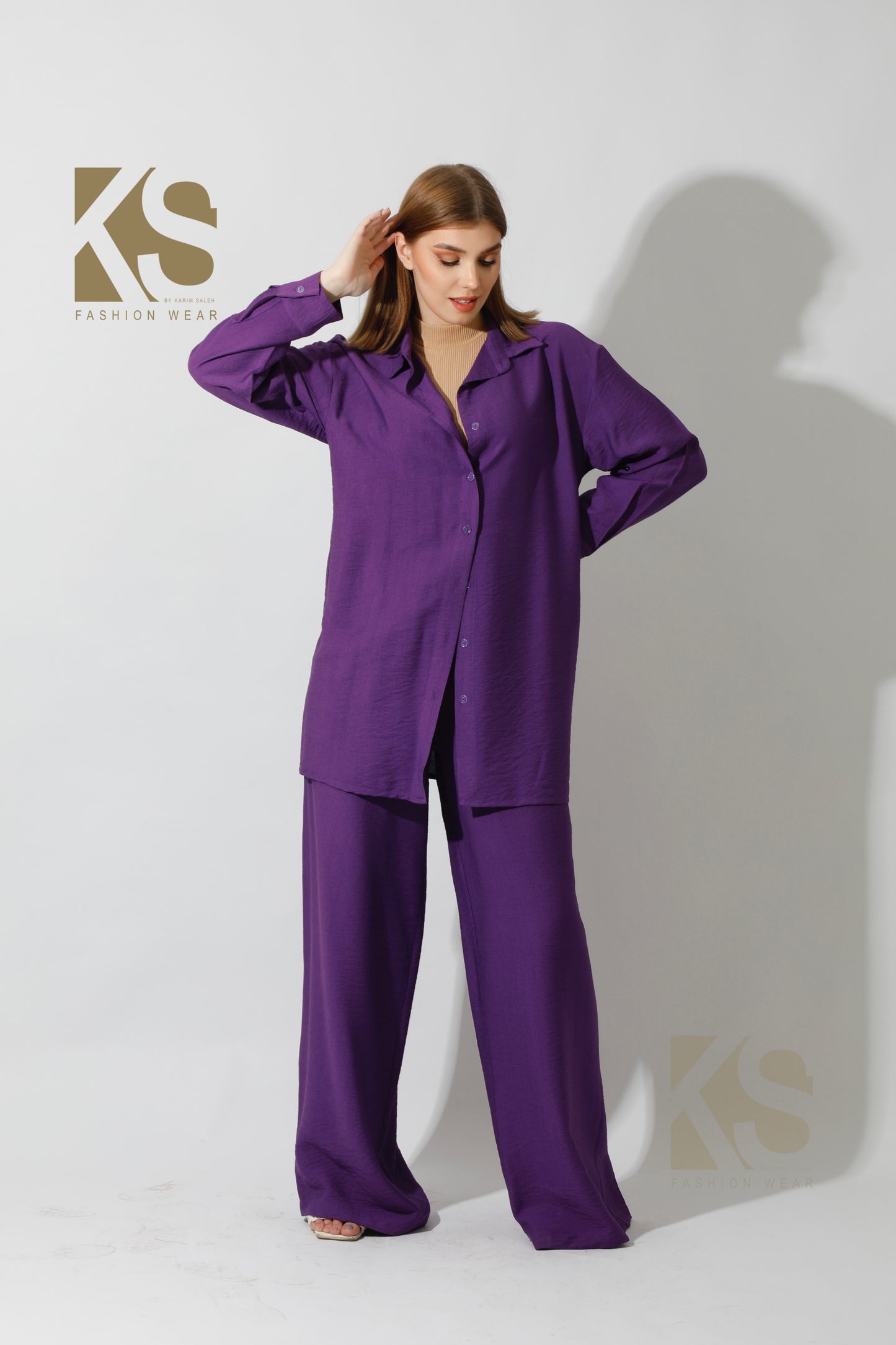 Long Shirt & Wide Leg Trousers Set - Purple