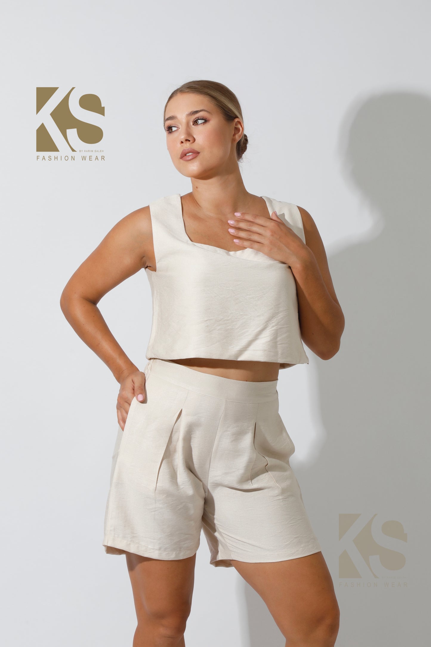 Tank Top & Flared Shorts Set - Beige