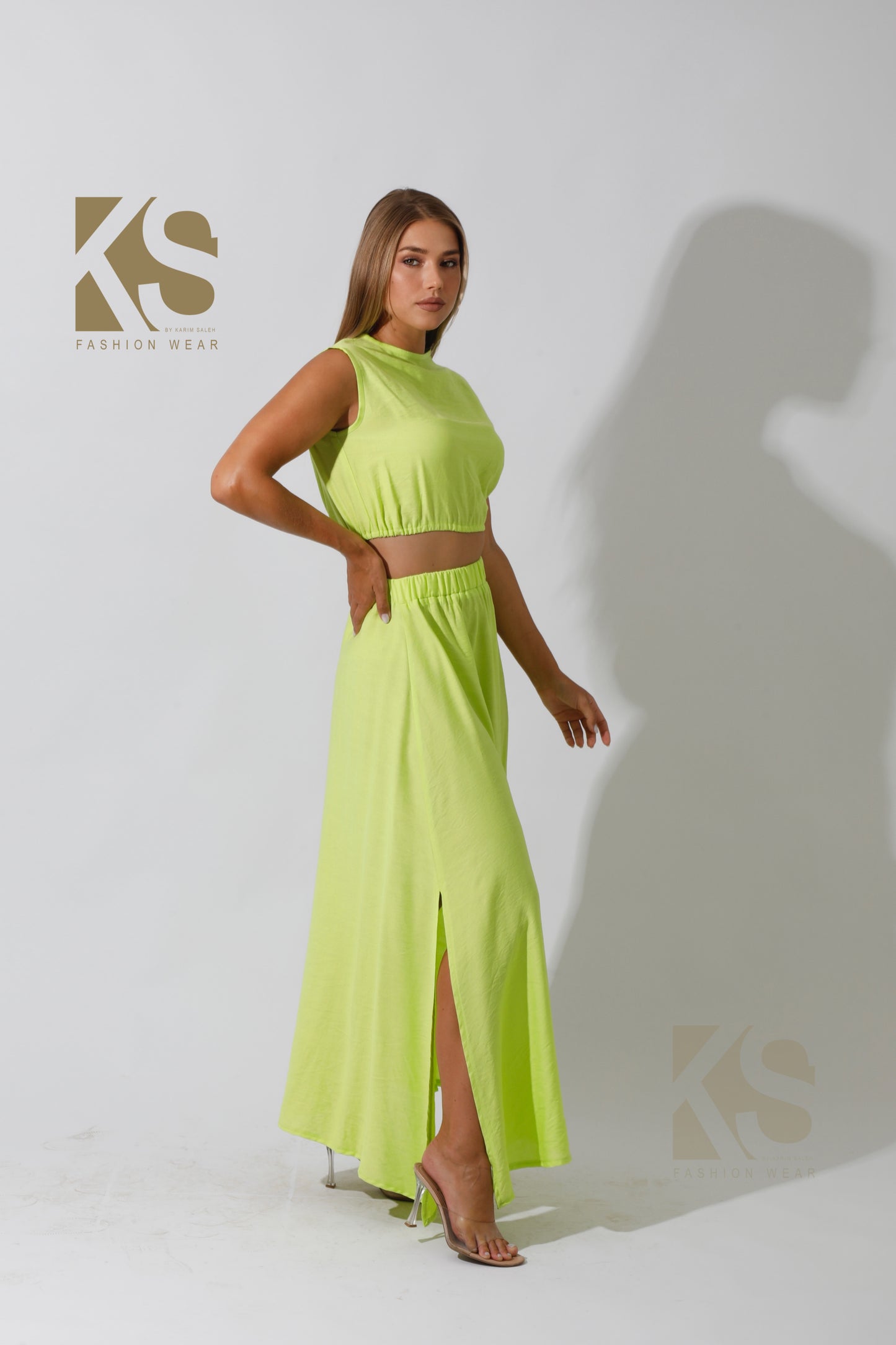 Co-Ord Crop Top & Maxi Side Slite Skirt - Lime Green