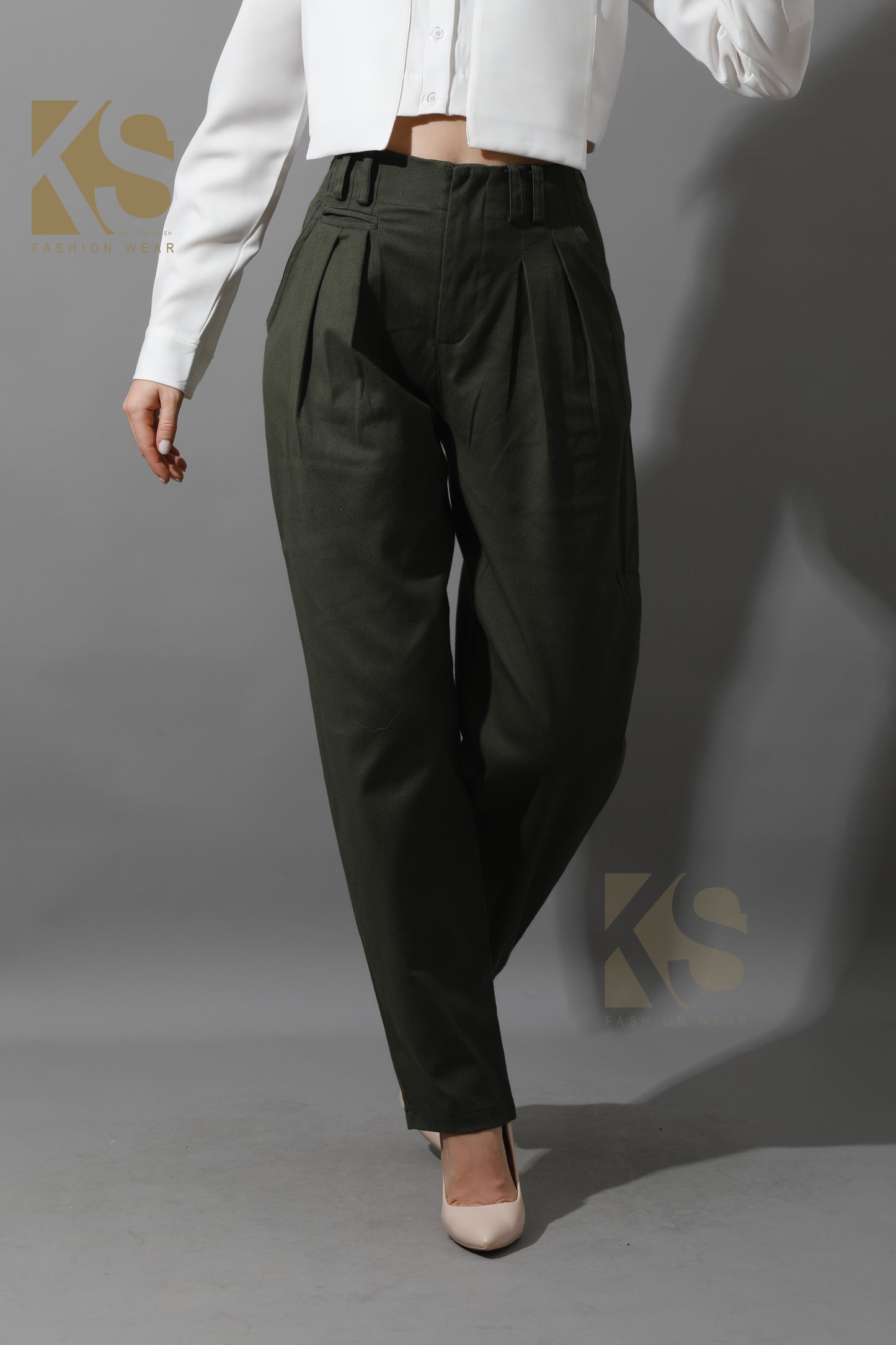 High Rise Paper-Bag Pants - Olive