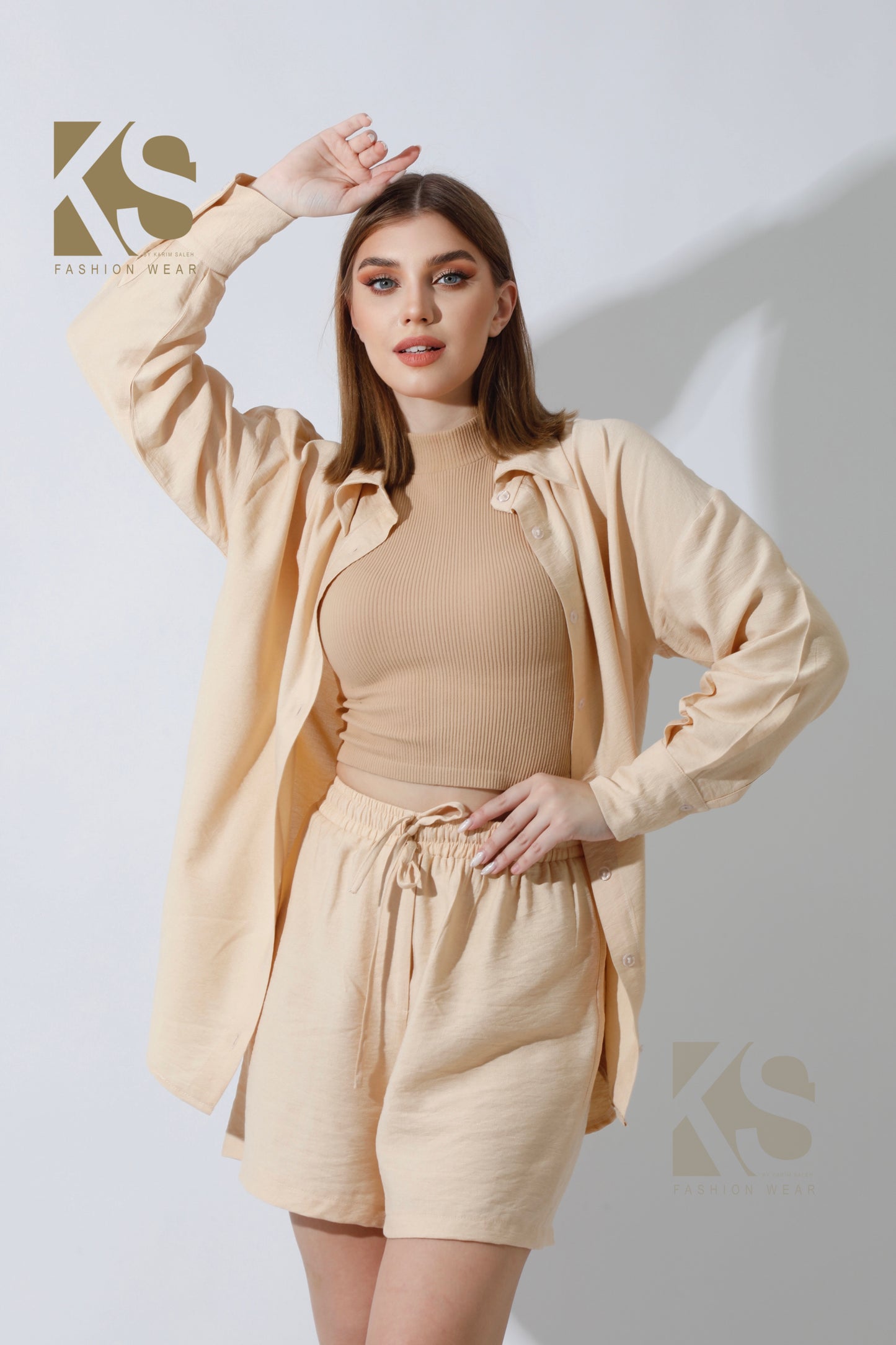 Lose Fit Shirt & Shorts Set - Beige