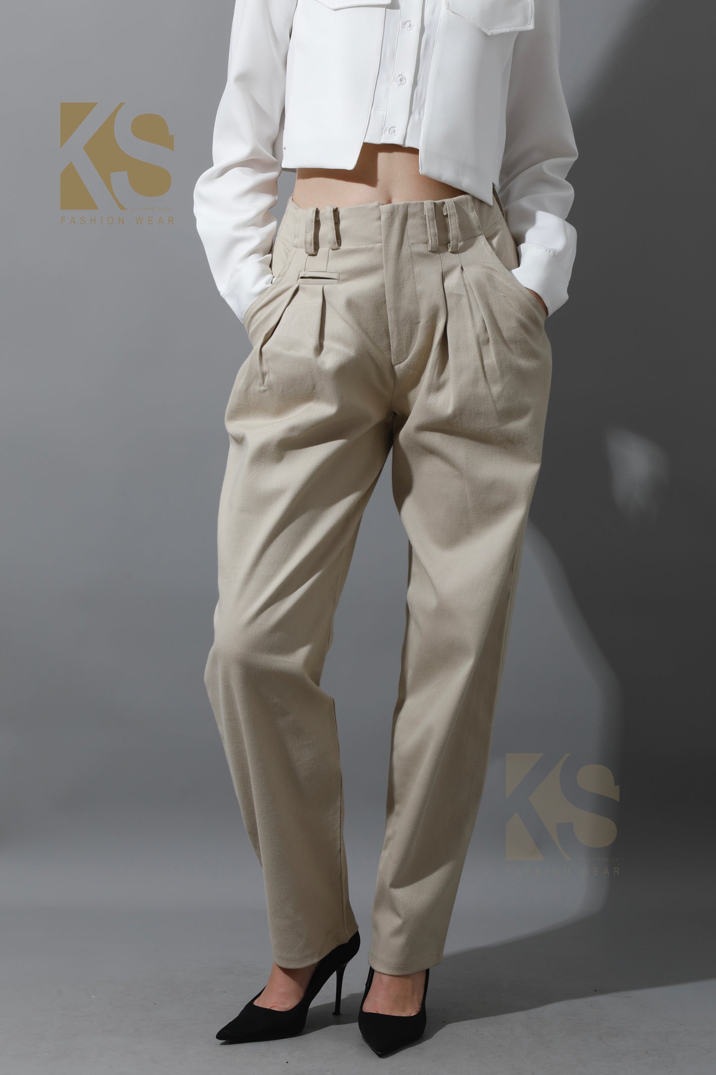 High Rise Paper-Bag Pants - Light Beige