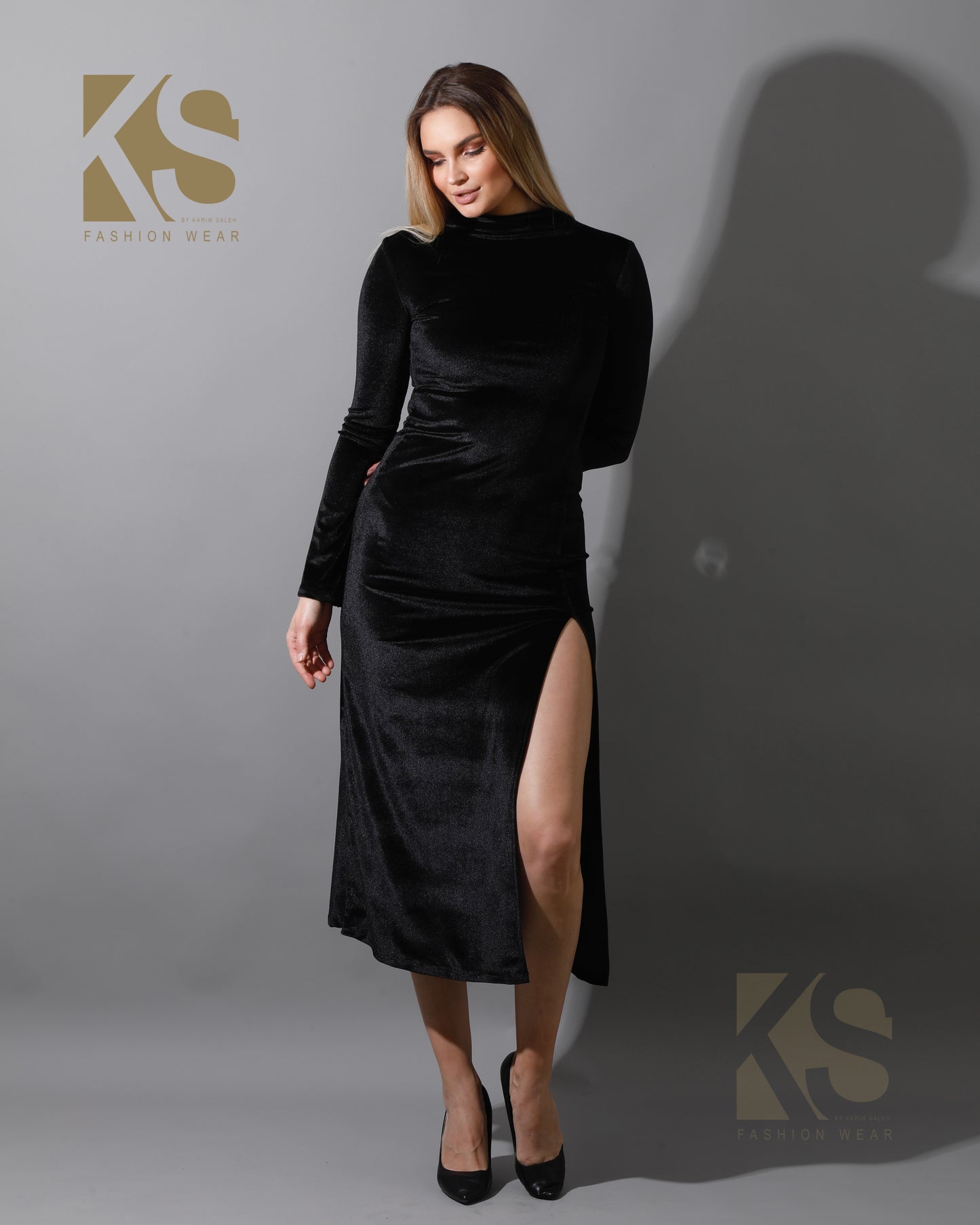 Front Slit Midi Dress - Black