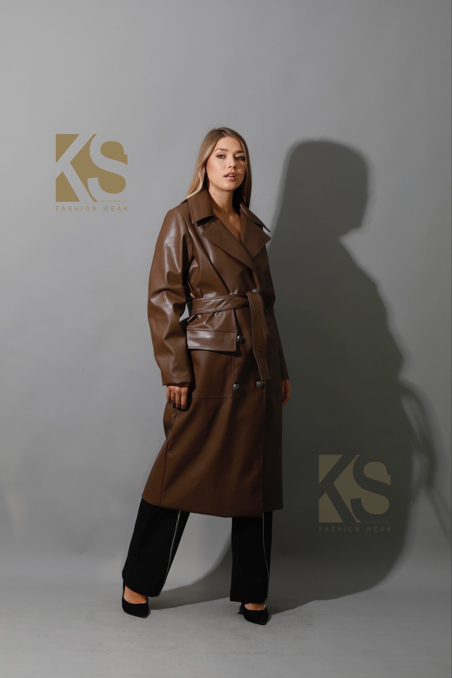 Textured Leather Coat - Brown