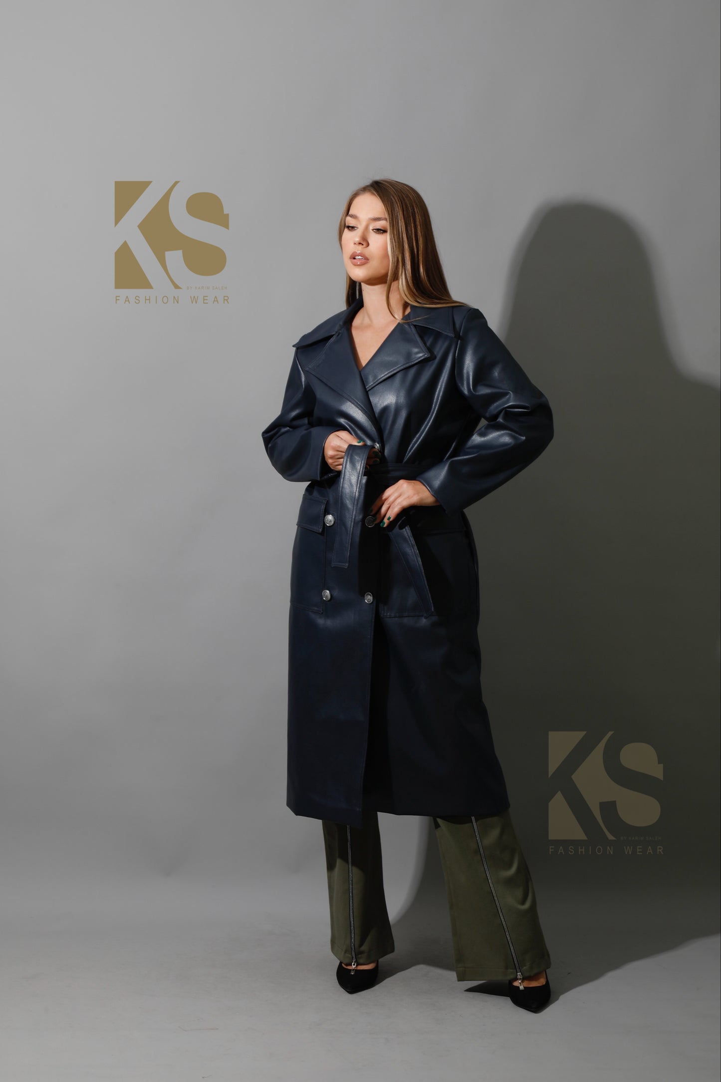 Textured Leather Coat - Navy
