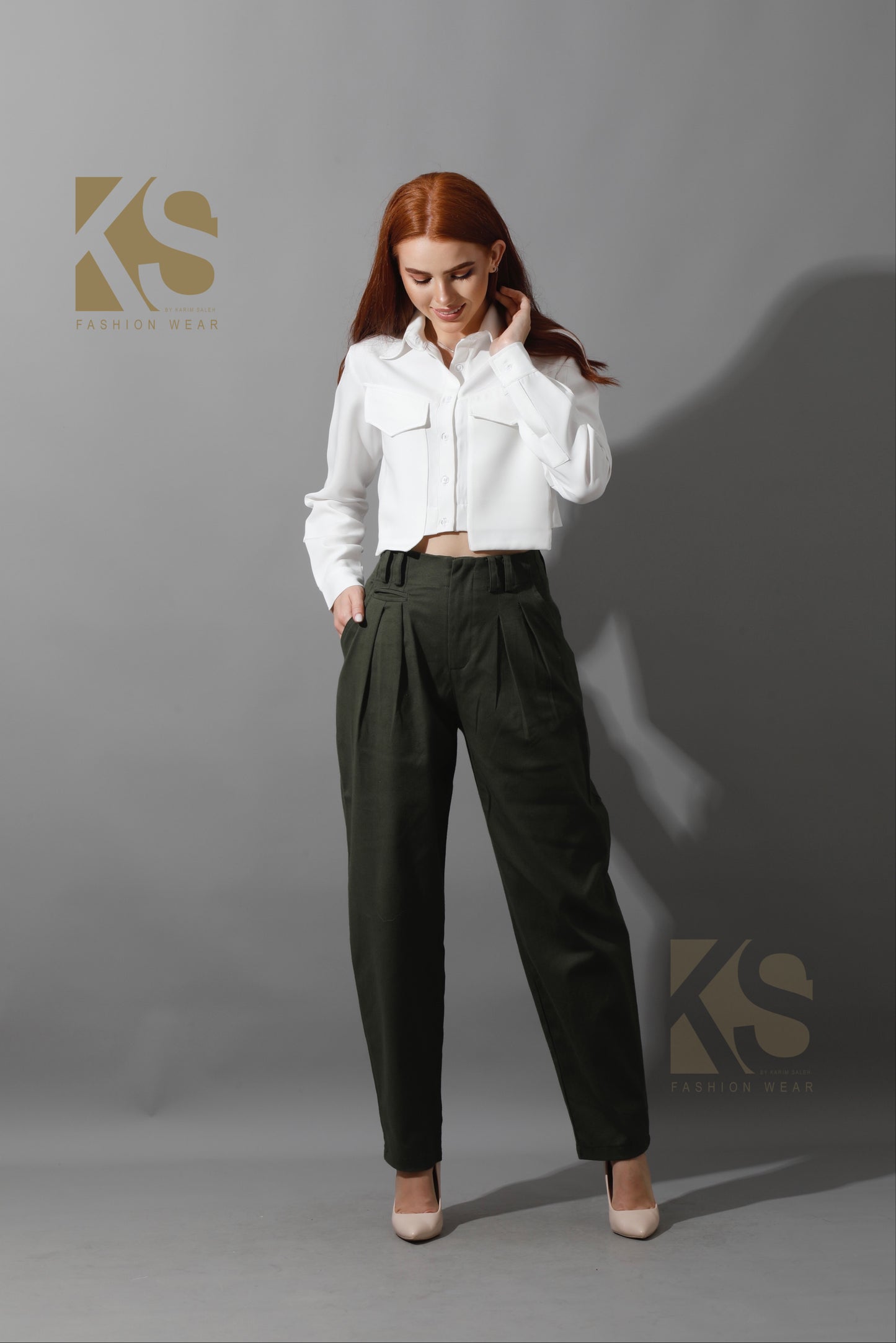 High Rise Paper-Bag Pants - Olive