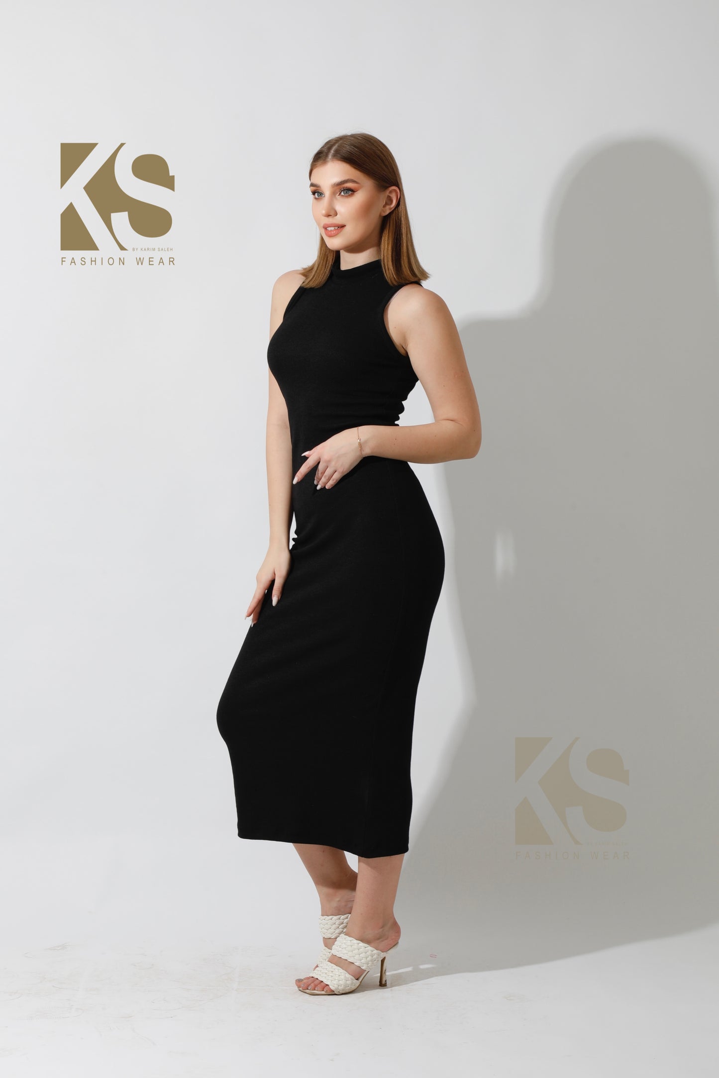 Slinky High Neck Midi Sleeveless Dress - Black