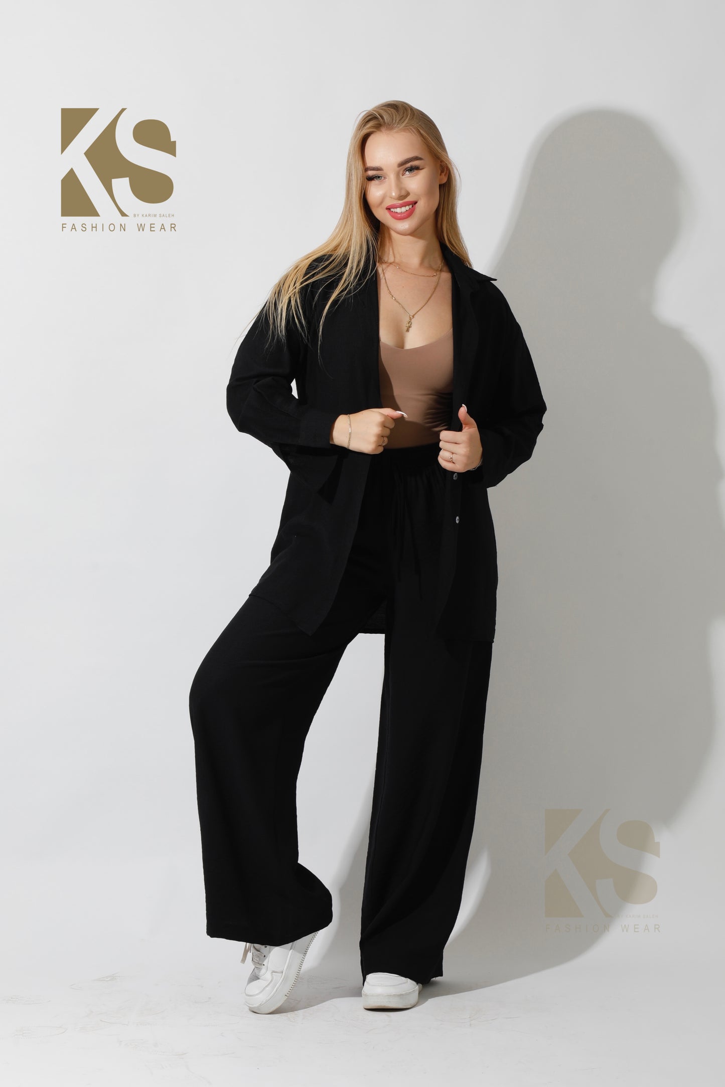 Long Shirt & Wide Leg Trousers Set - Black