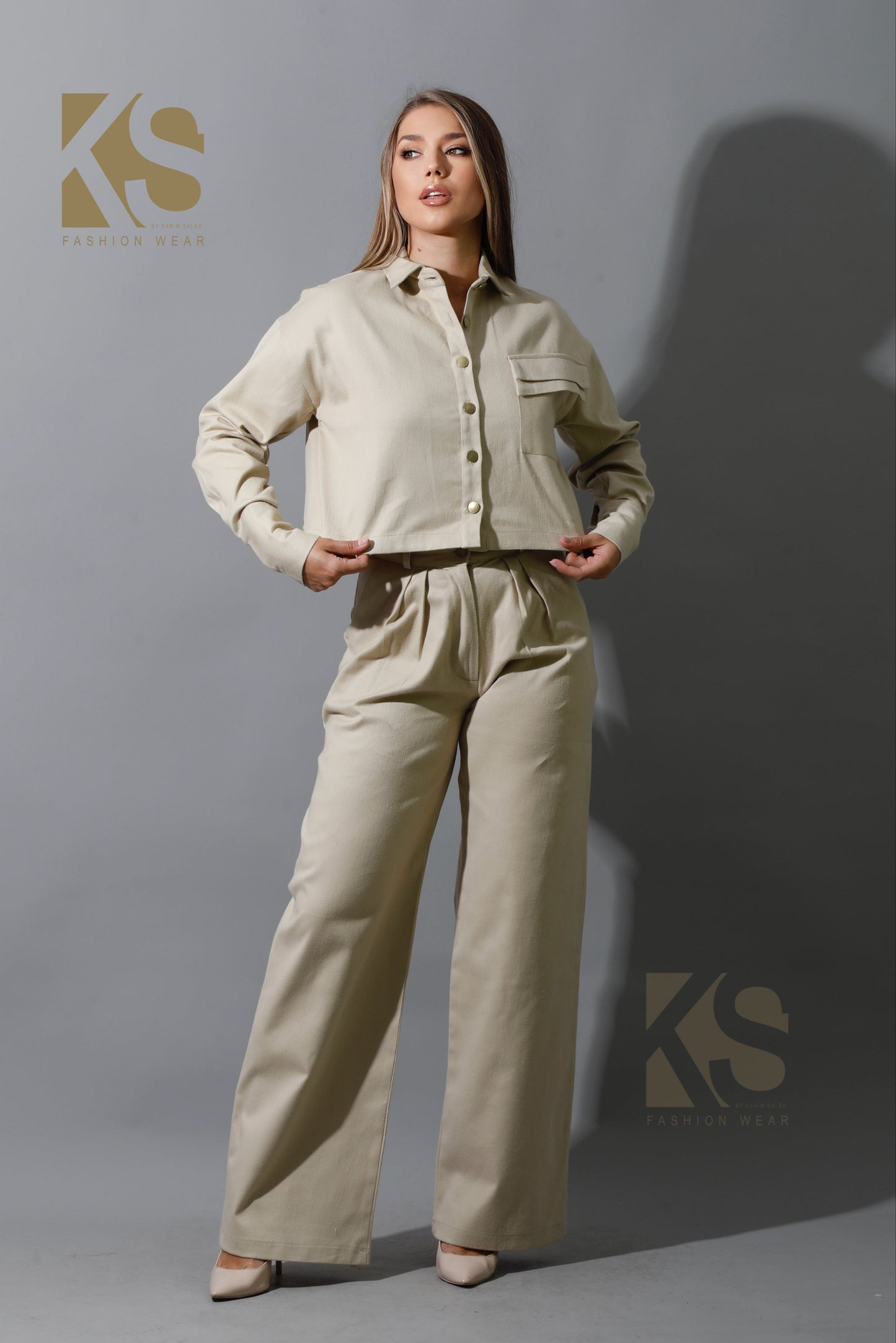 Co-ord Pleated Wide Leg Pants - Beige