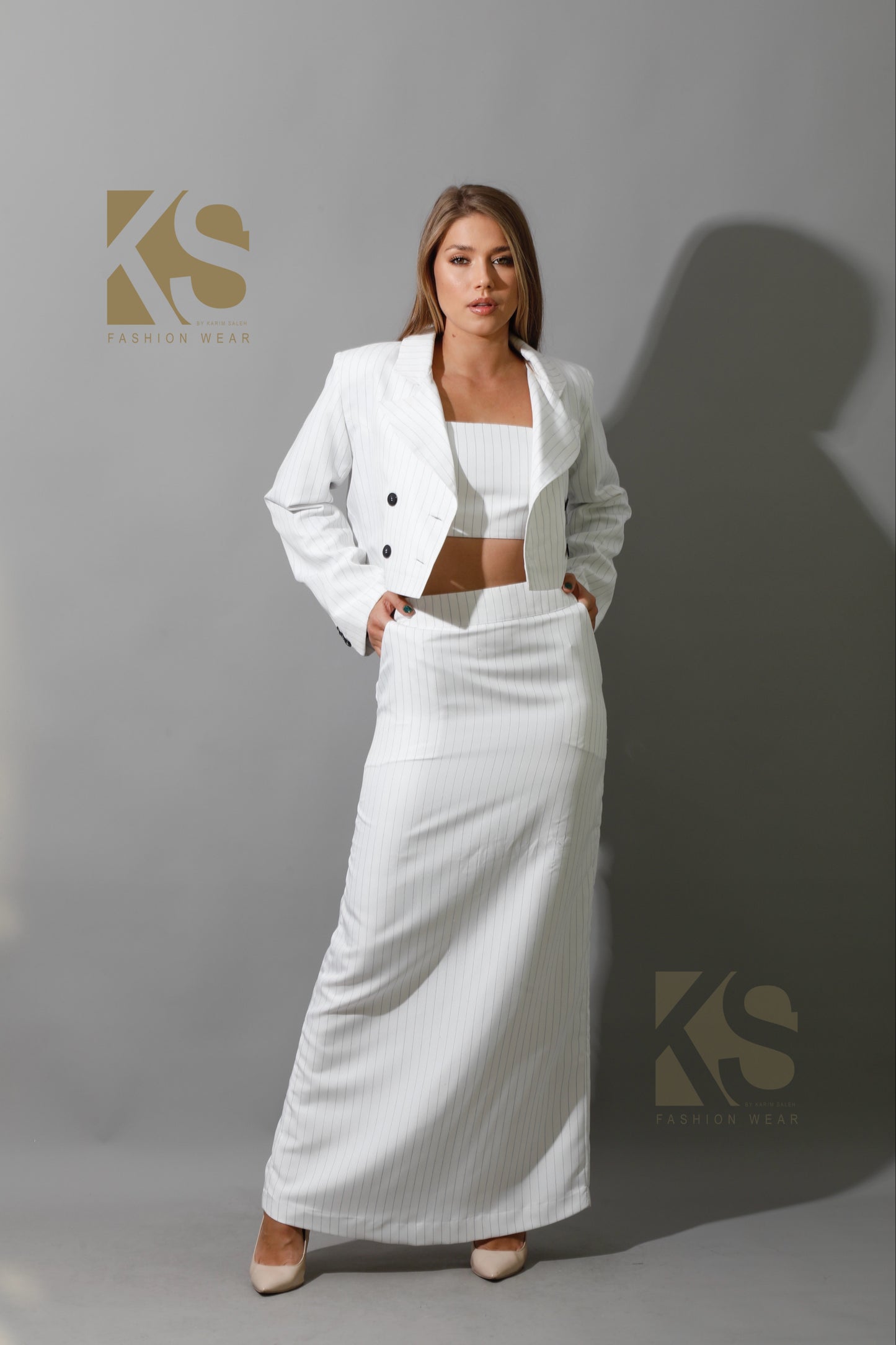 Striped Cropped Blazer Co-Ord - White