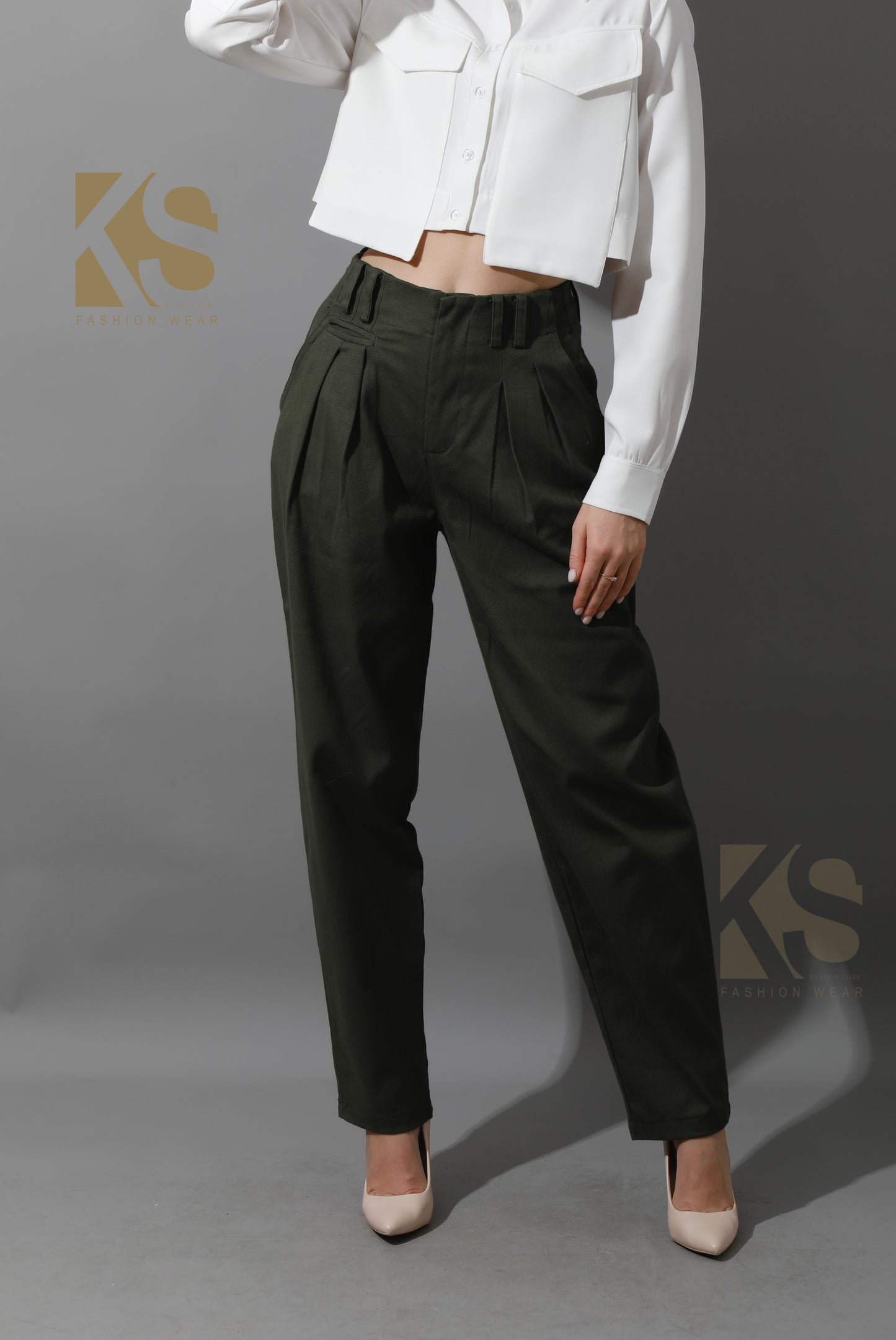 High Rise Paper-Bag Pants - Olive