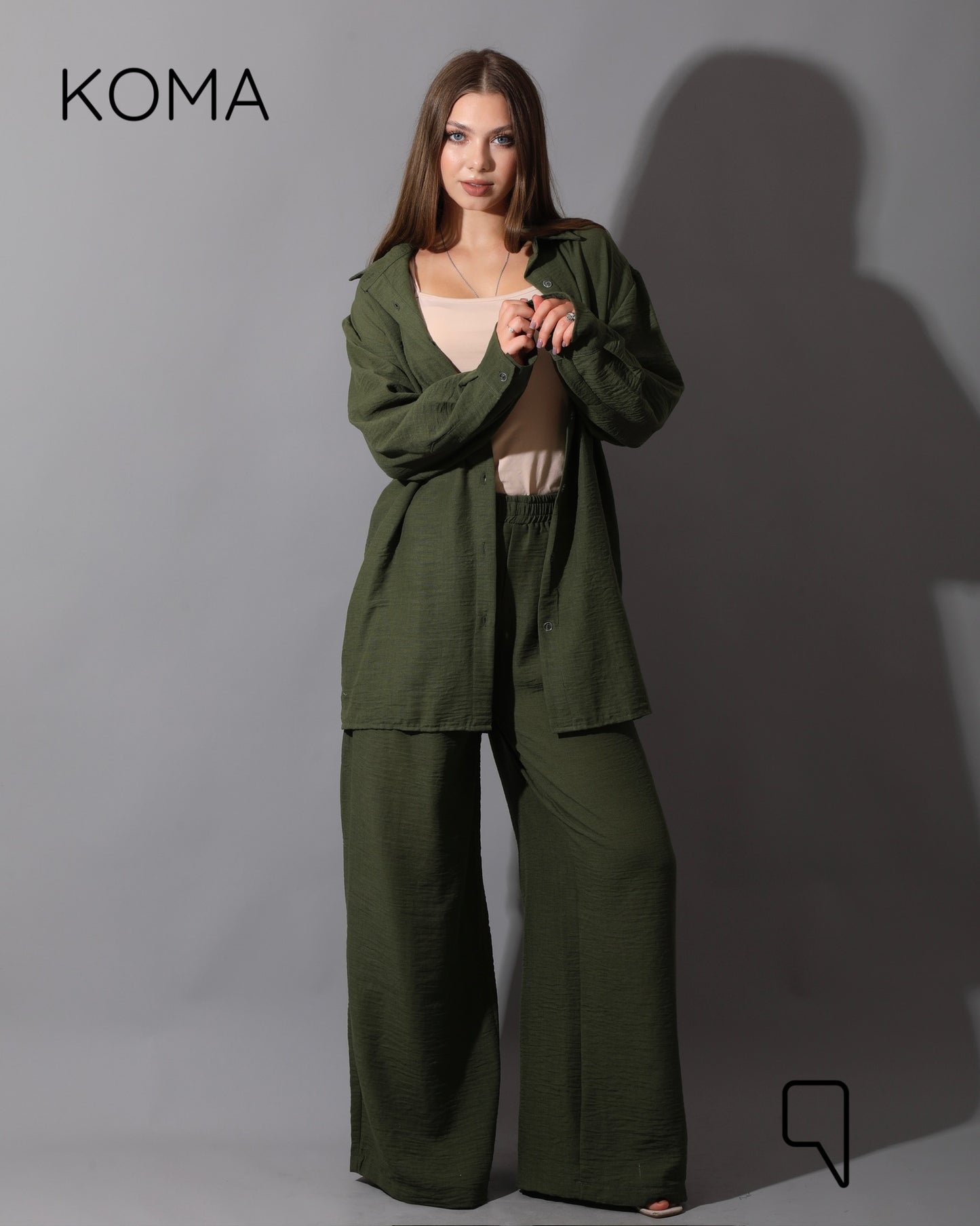 Co-Ord Lenin Long Sleeve Shirt & Wide Leg Trousers - Olive