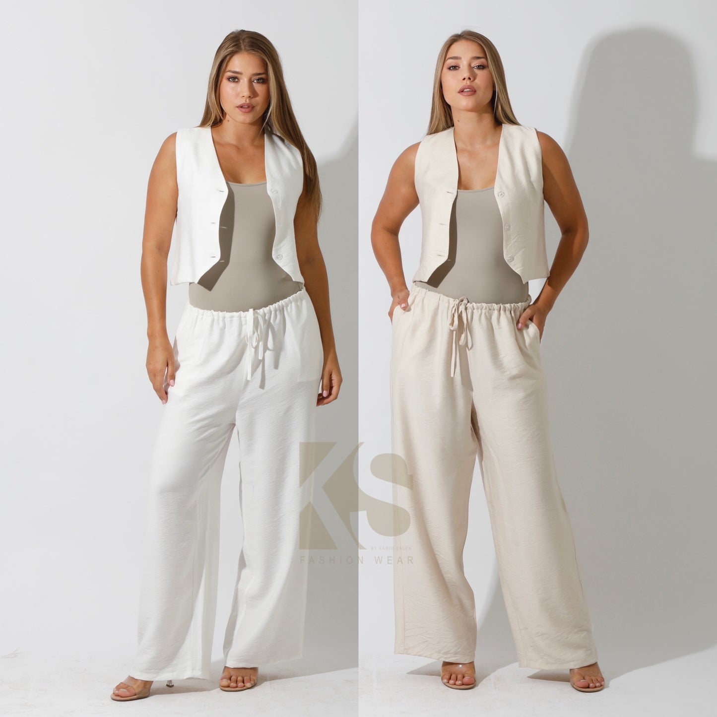 Vest & Lose Tied Pants Set - Beige