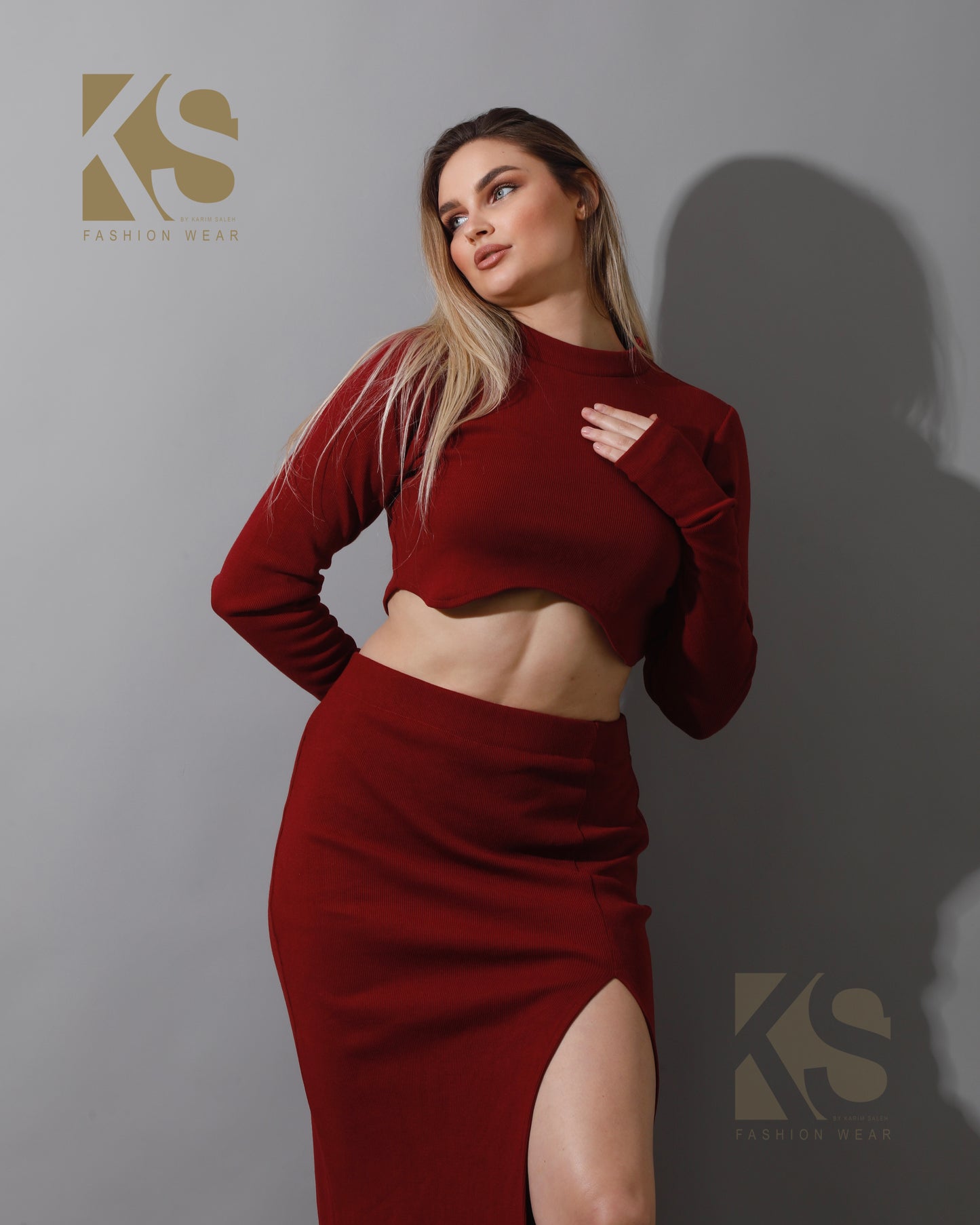 Co-ord Crop Top & Midi Skirt Rib Set - Maroon