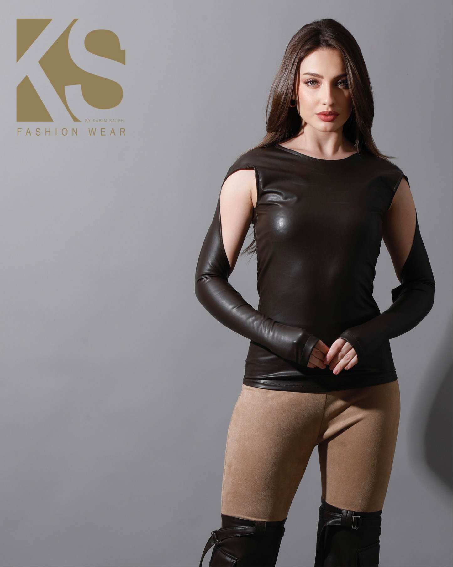 Leather Cutout Top - Brown