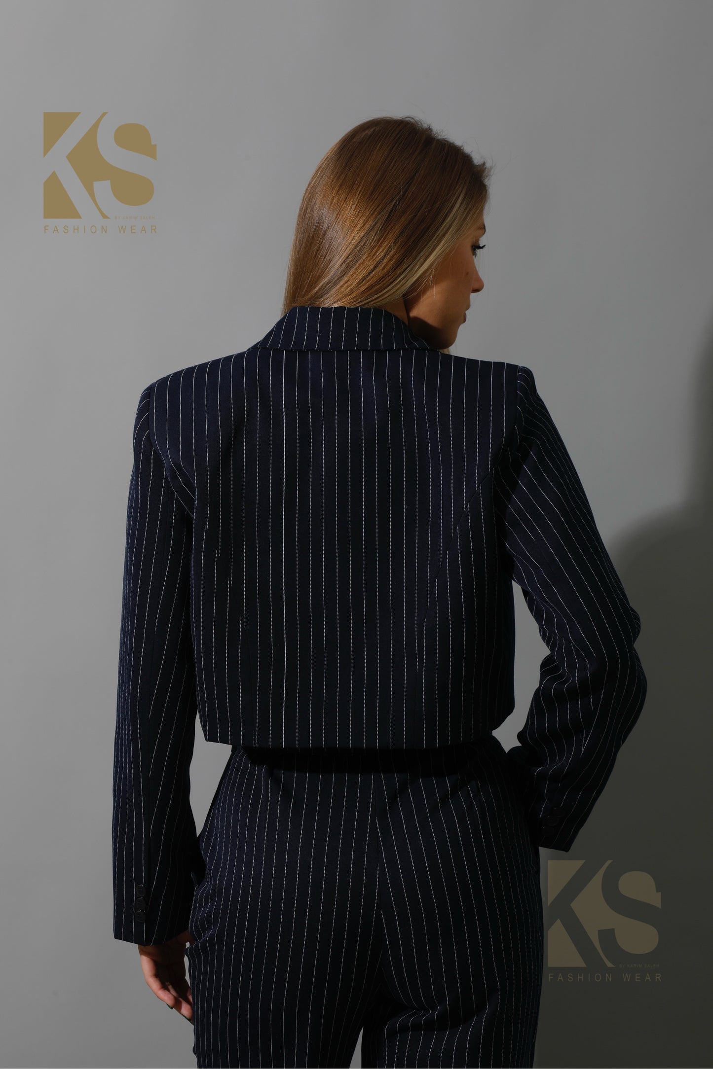 Striped Cropped Blazer, Bra Top & Maxi Skirt Co-Ord - Navy
