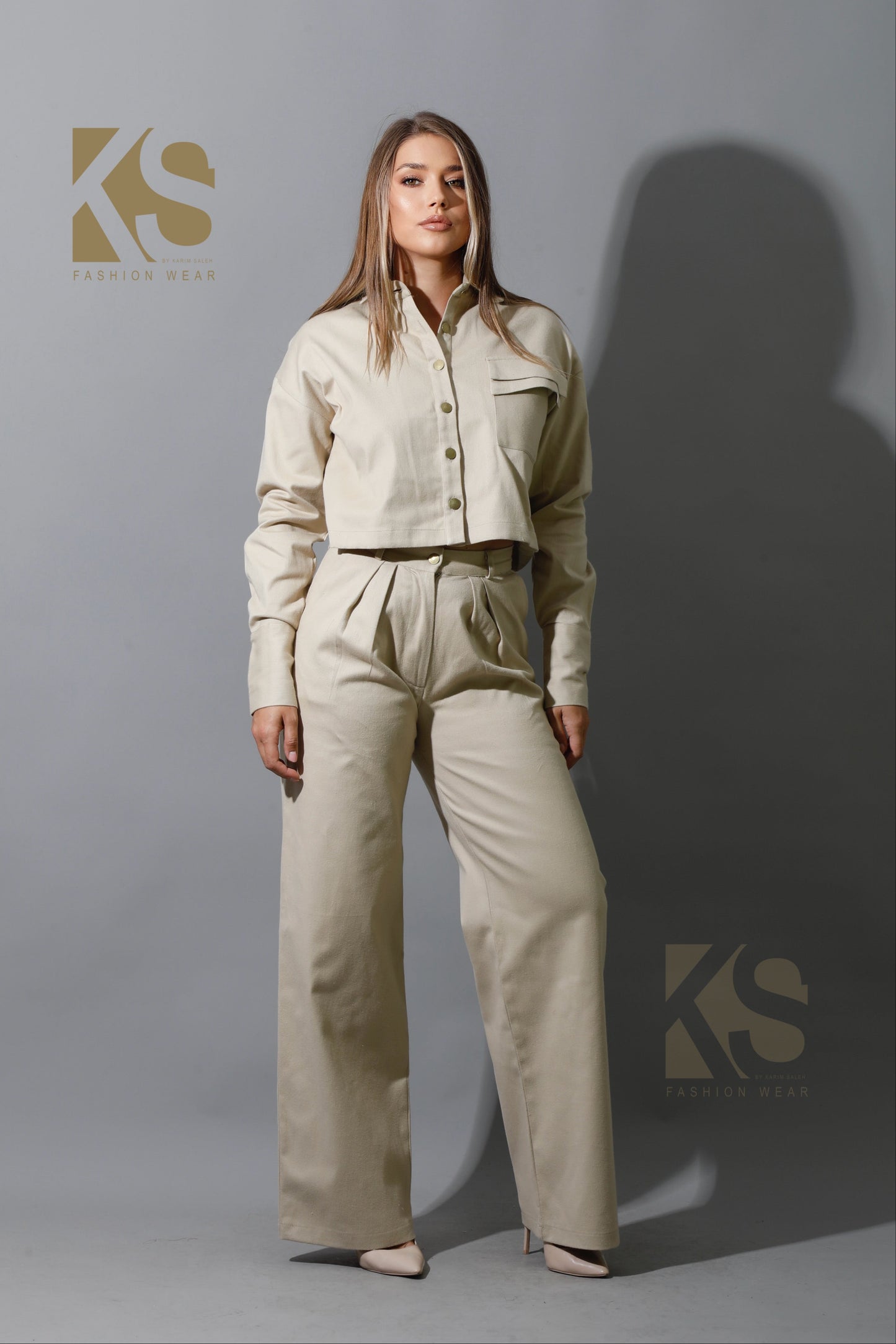 Co-ord Pleated Wide Leg Pants - Beige