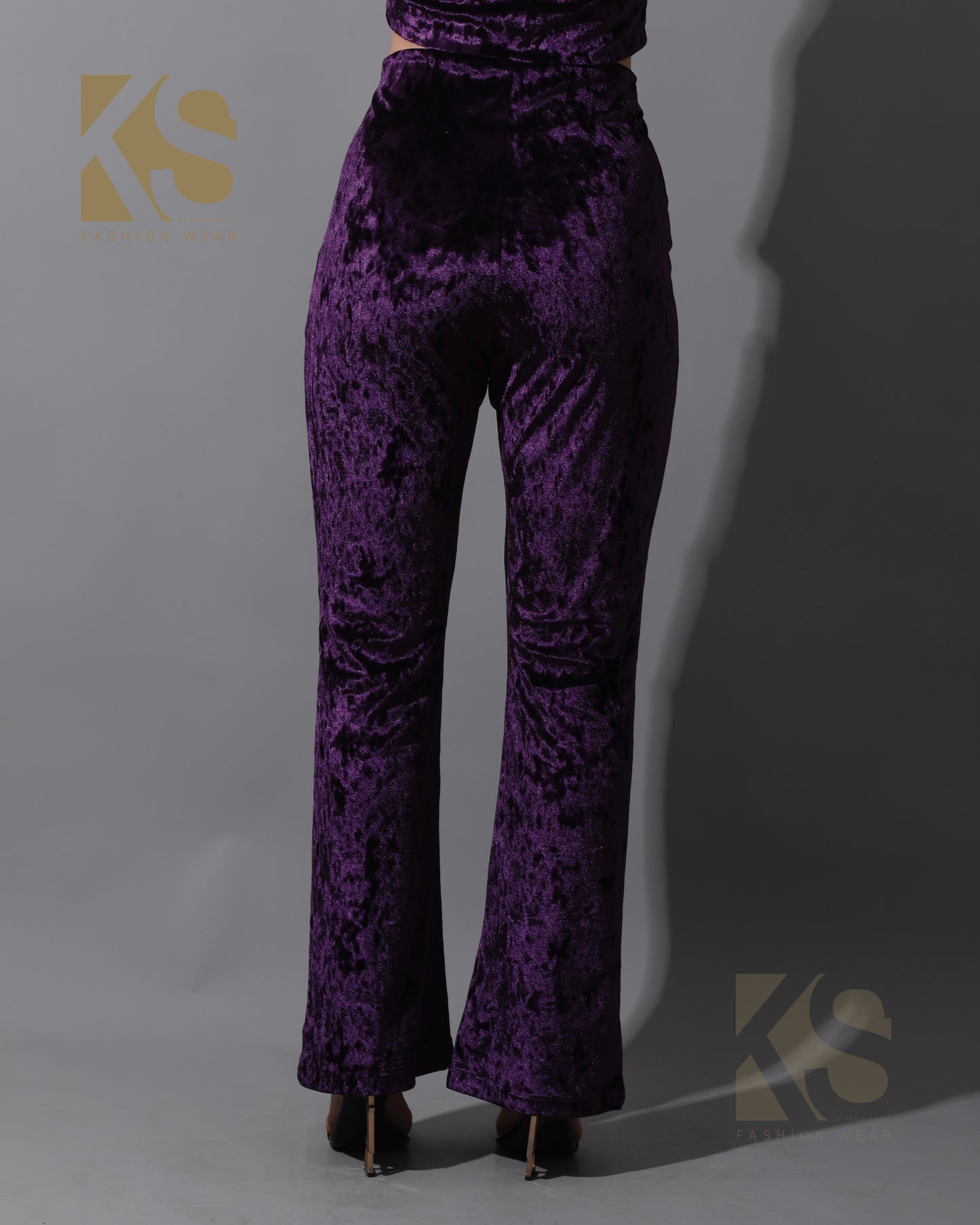 Velvet Crop Top & Bootcut Trousers Set - Purple