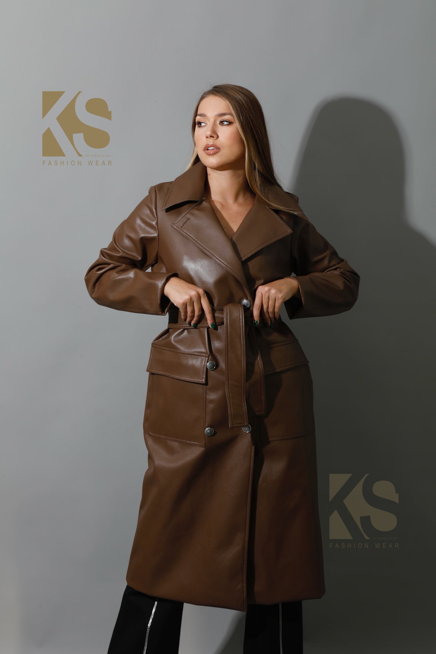 Textured Leather Coat - Brown