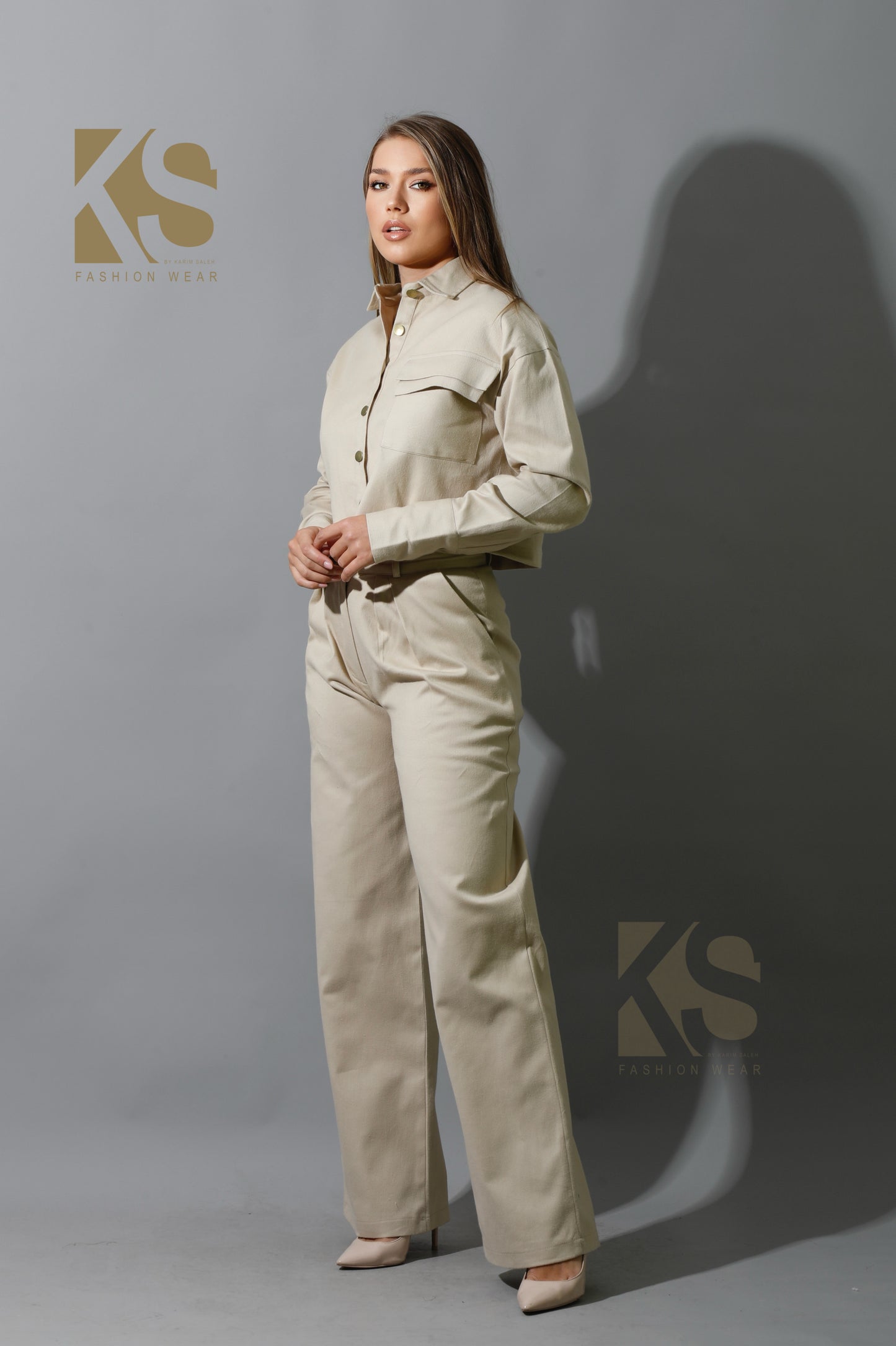 Co-ord Pleated Wide Leg Pants & Cropped Shirt - Beige