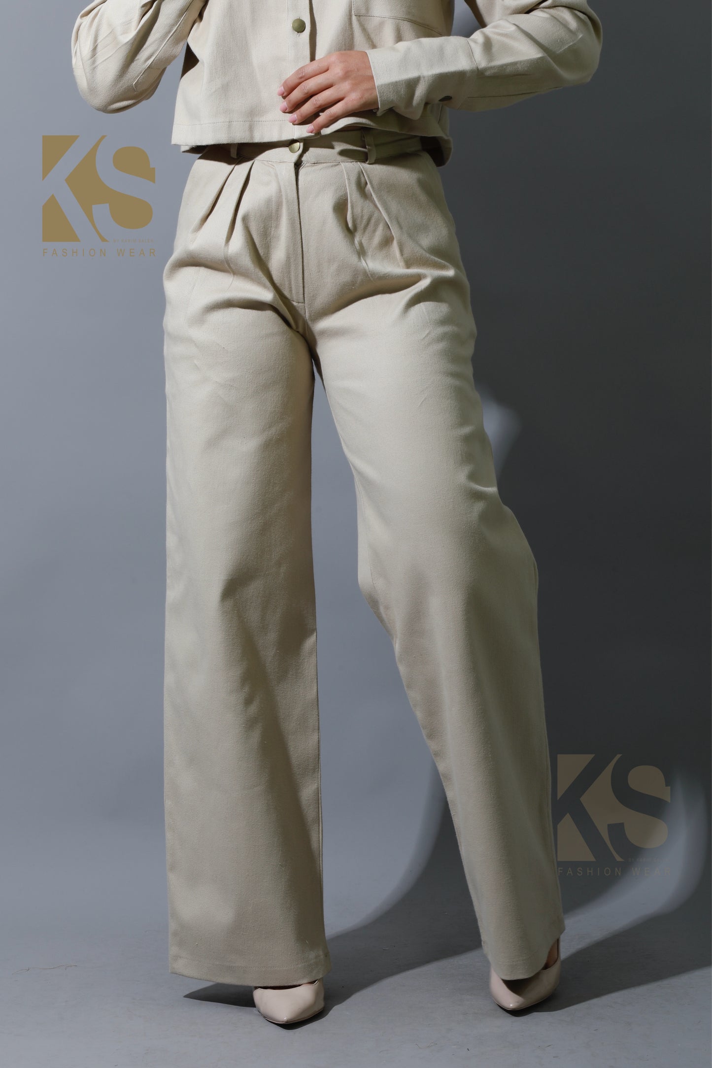 Co-ord Pleated Wide Leg Pants & Cropped Shirt - Beige