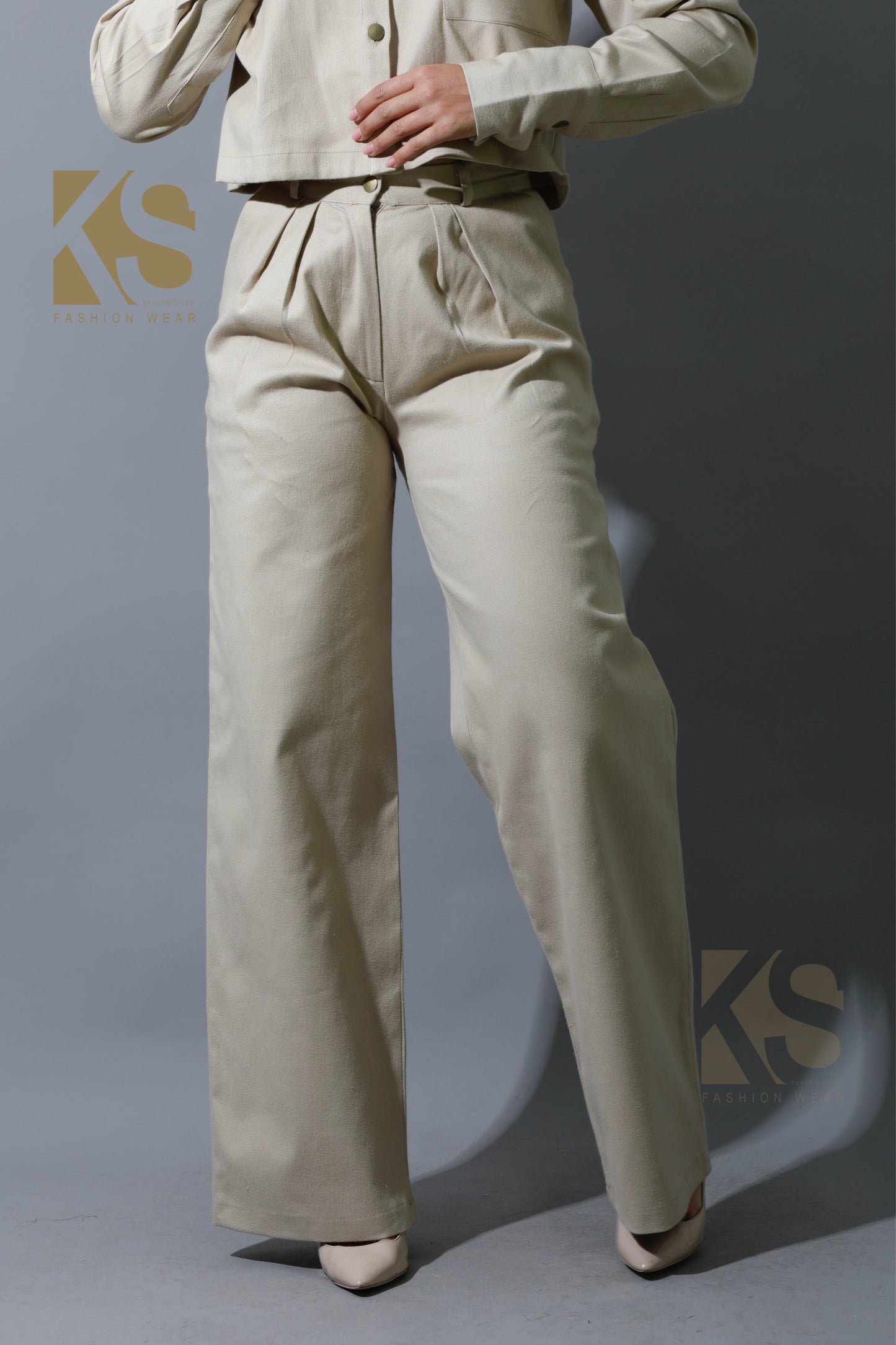 Co-ord Pleated Wide Leg Pants - Beige