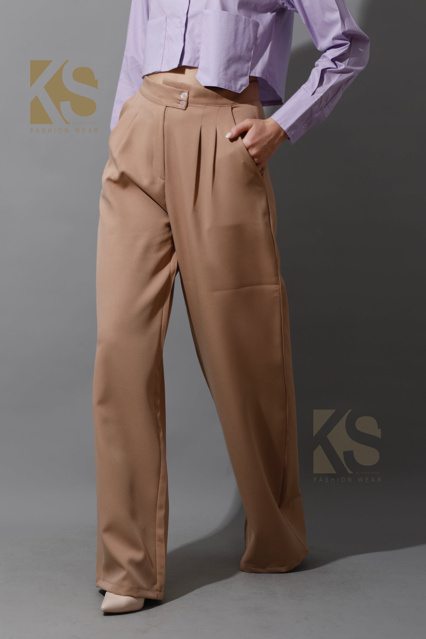 High Waist Wide Leg Trousers - Beige