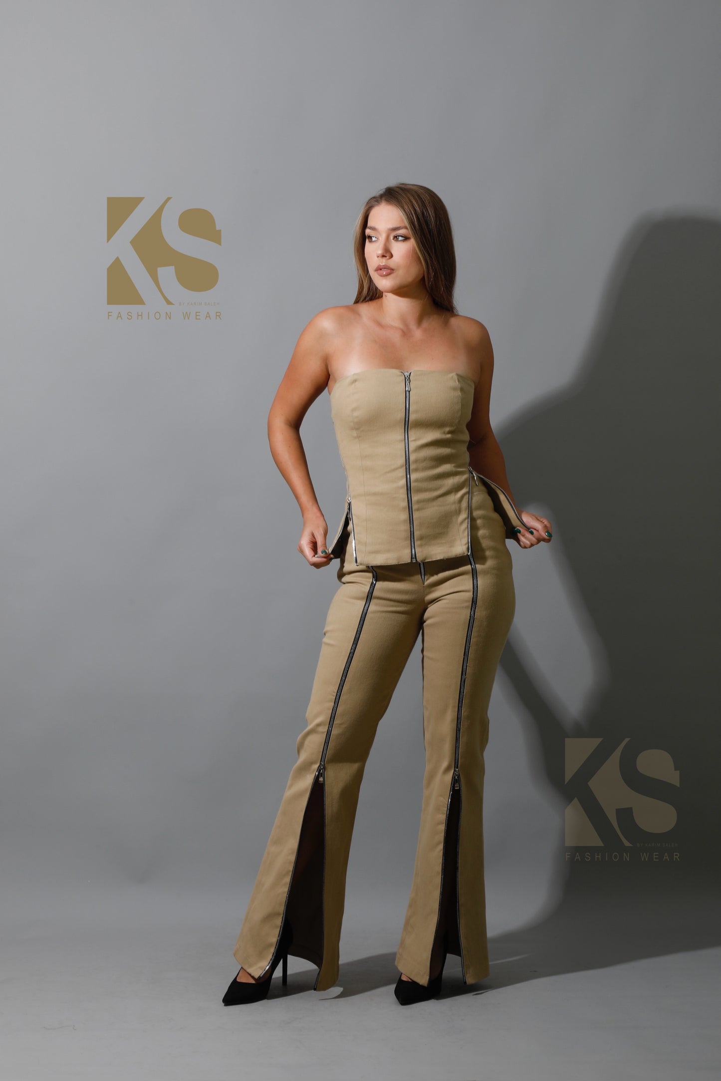 Co-Ord Some Protel Top & BootCut pants - Beige