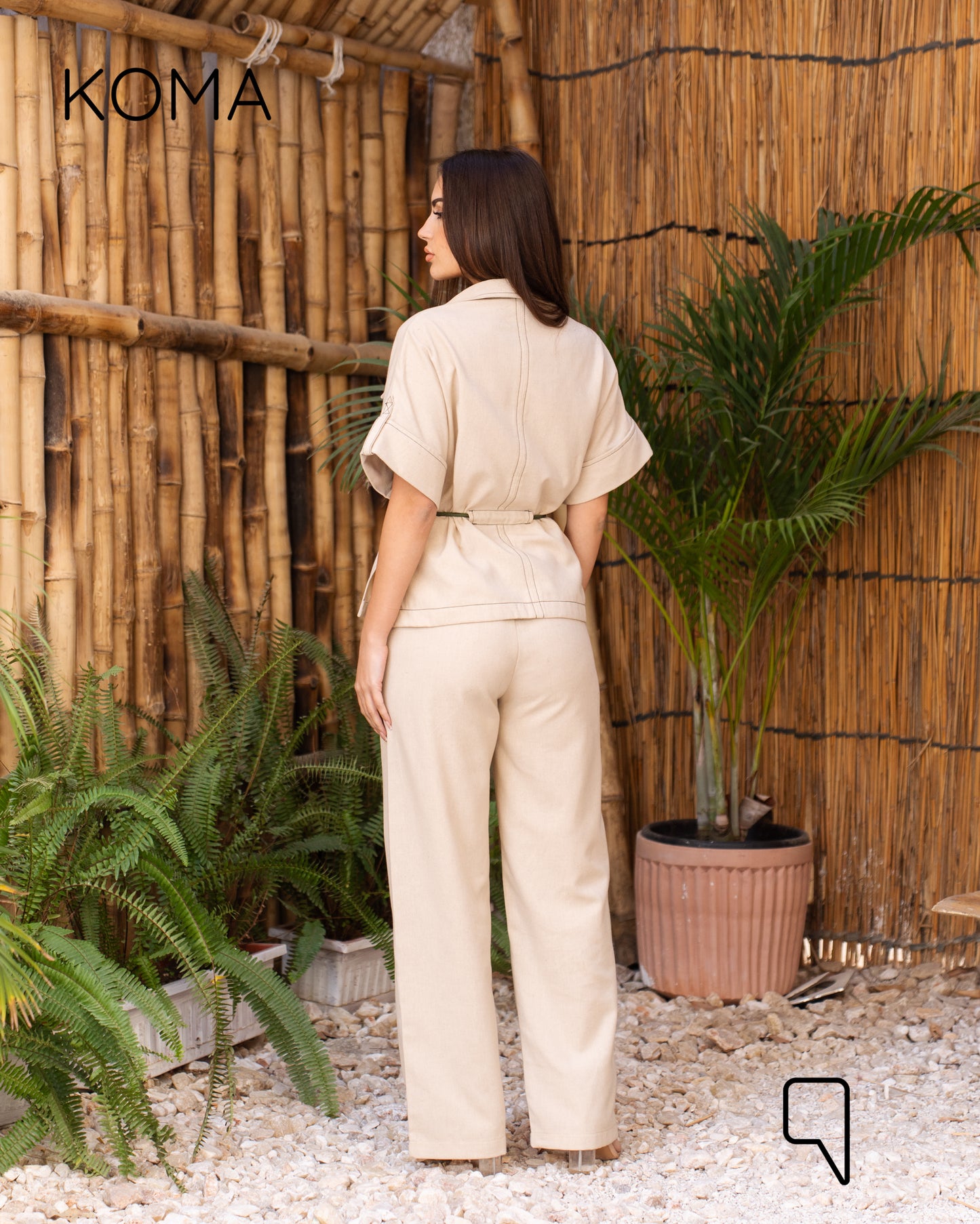 Leilani Stitched Shirt & Straight Trousers Set - Beige