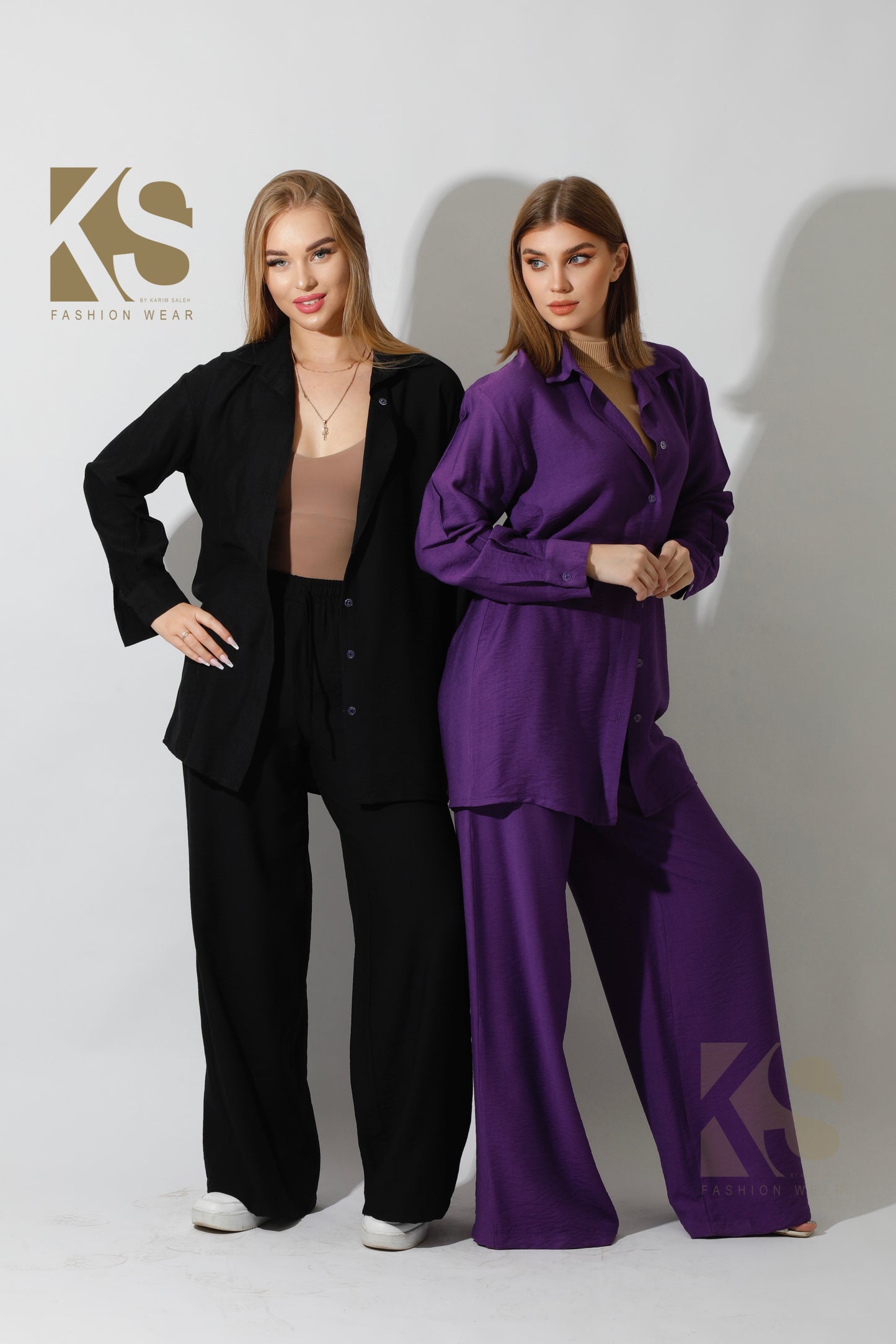 Long Shirt & Wide Leg Trousers Set - Purple