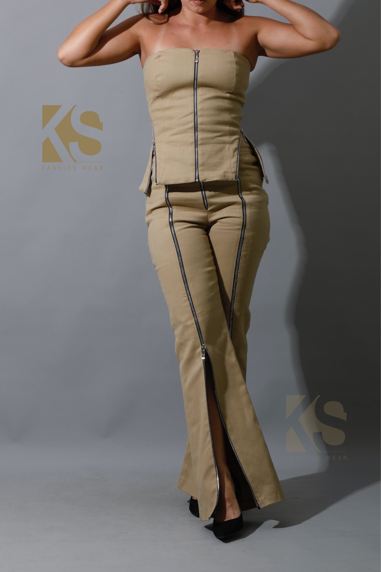Co-Ord Some Protel Top & BootCut pants - Beige