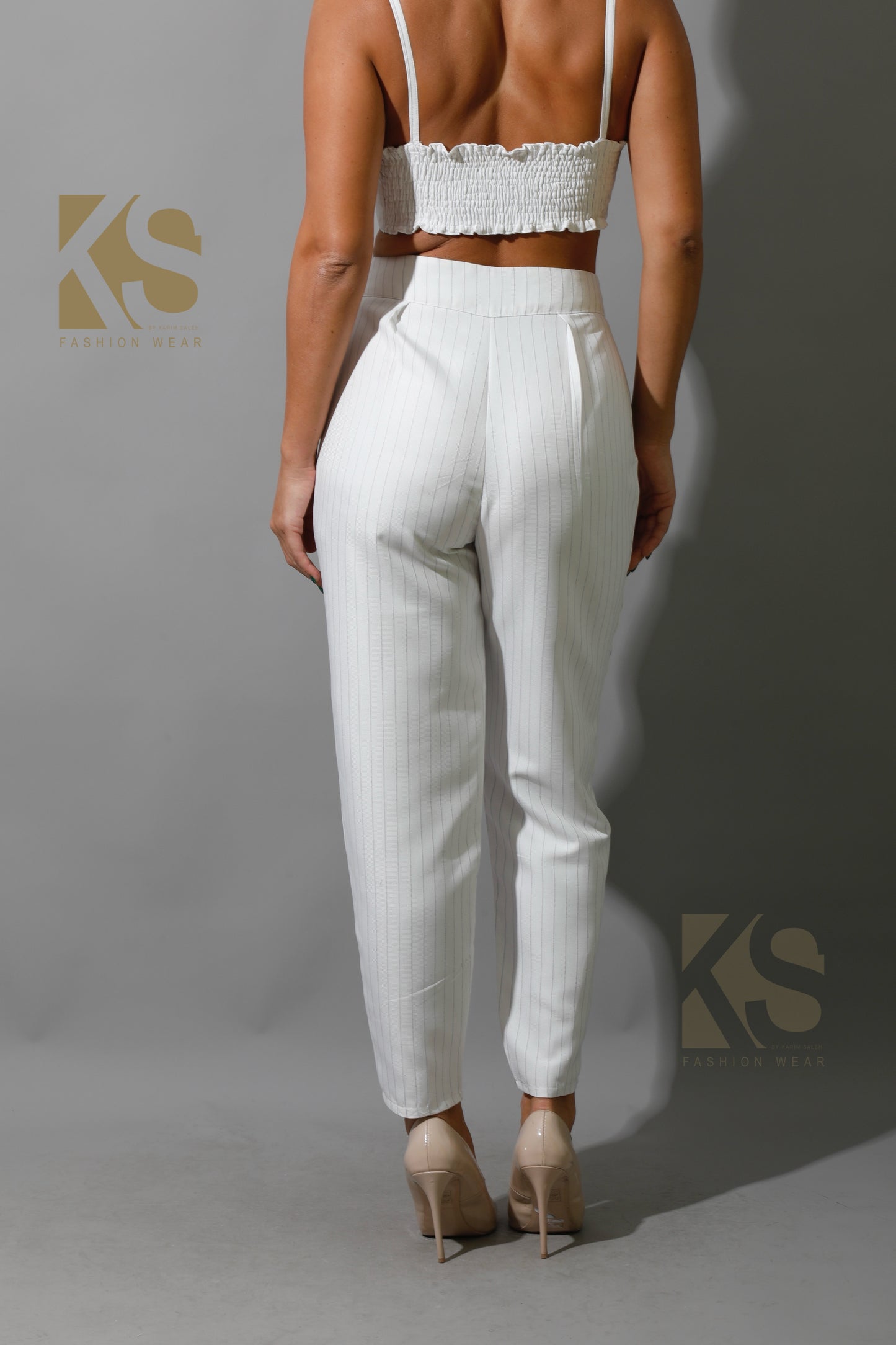 Striped Paper-bag Pants Co-Ord - White