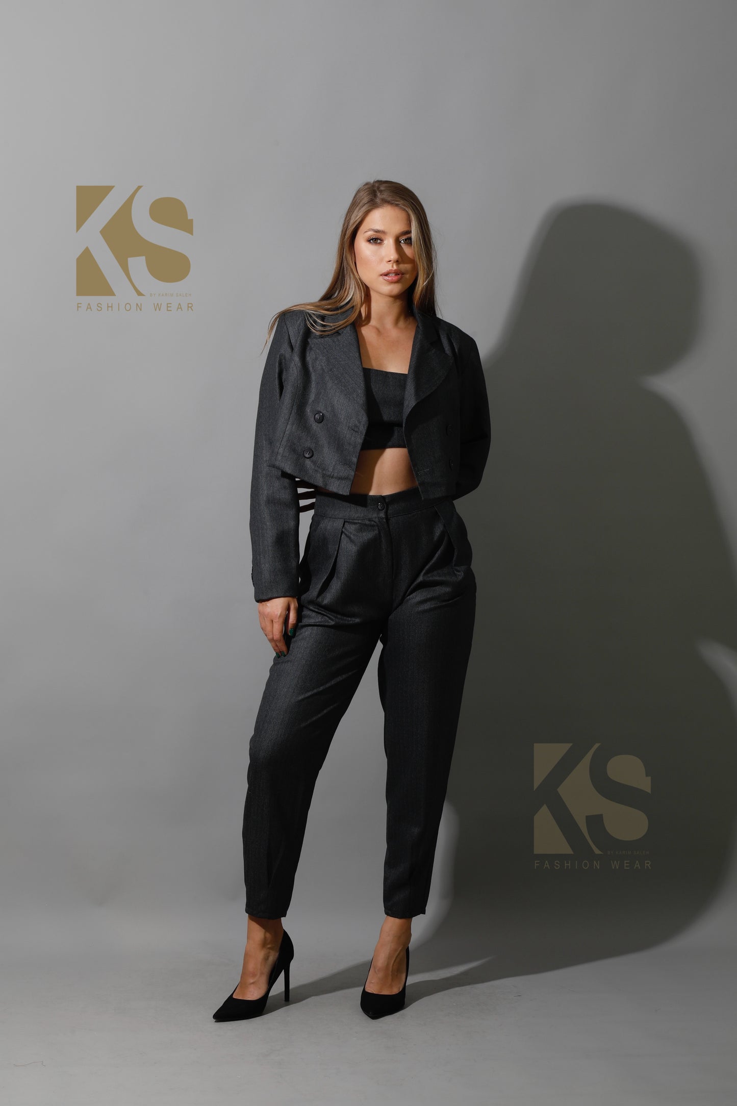 Striped Cropped Blazer, Bra Top & Paper-bag Pants Co-Ord - Gary