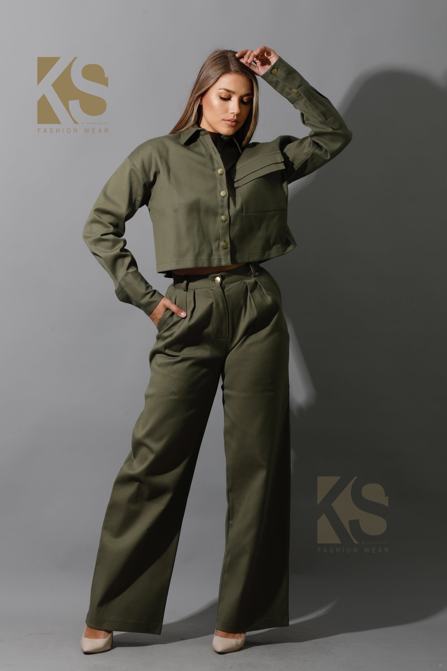 Co-ord Pleated Wide Leg Pants & Cropped Shirt - Olive