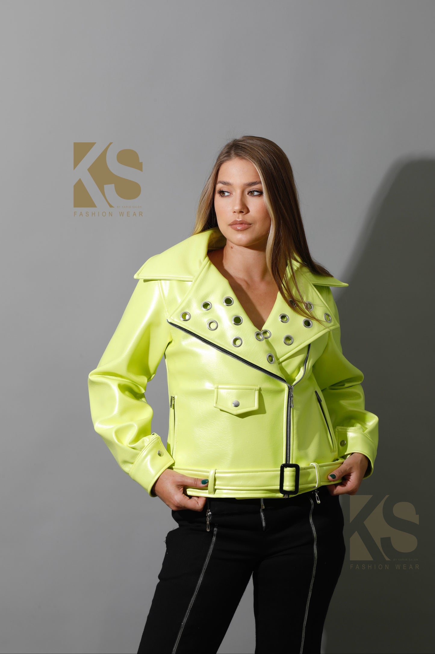 Textured Leather Biker Jacket - Lime Green