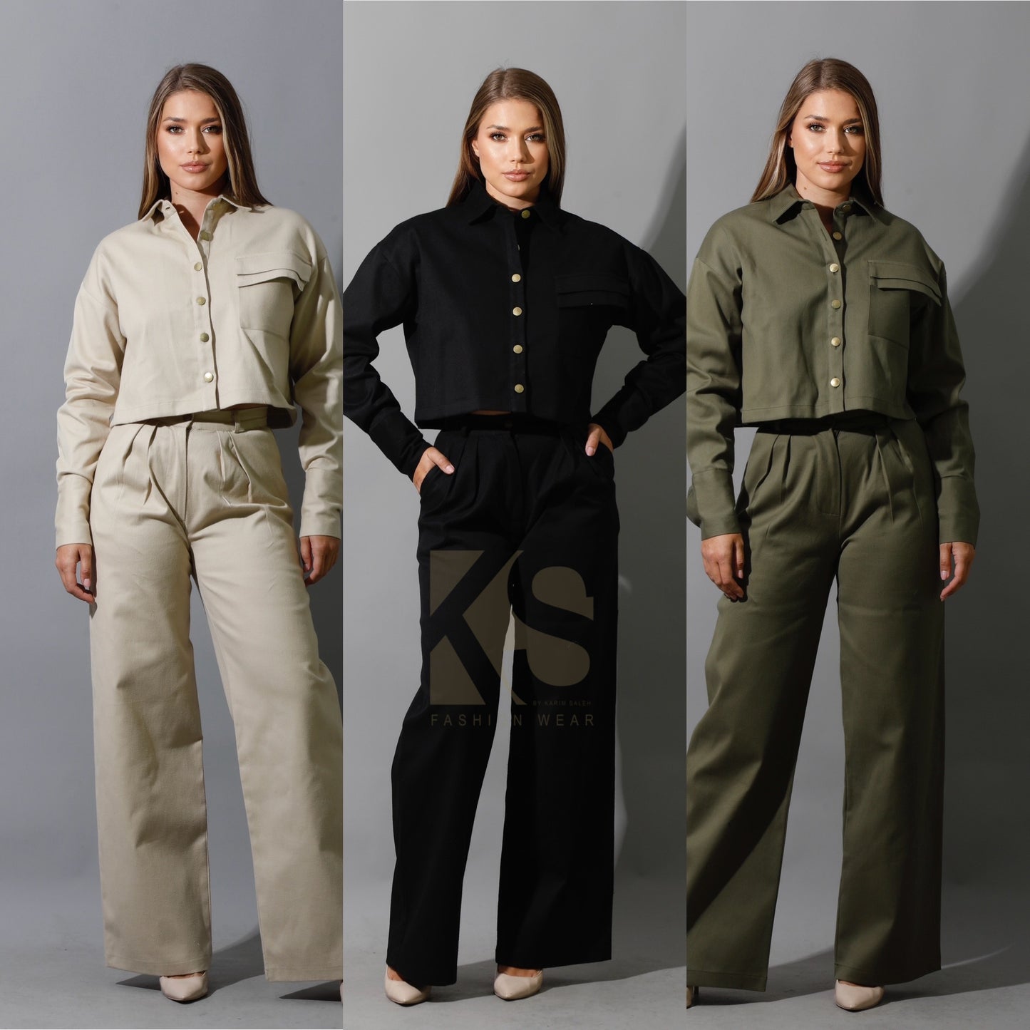 Co-ord Pleated Wide Leg Pants & Cropped Shirt - Olive