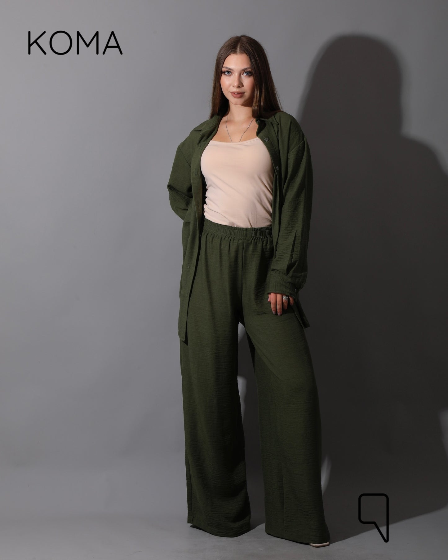 Co-Ord Lenin Long Sleeve Shirt & Wide Leg Trousers - Olive