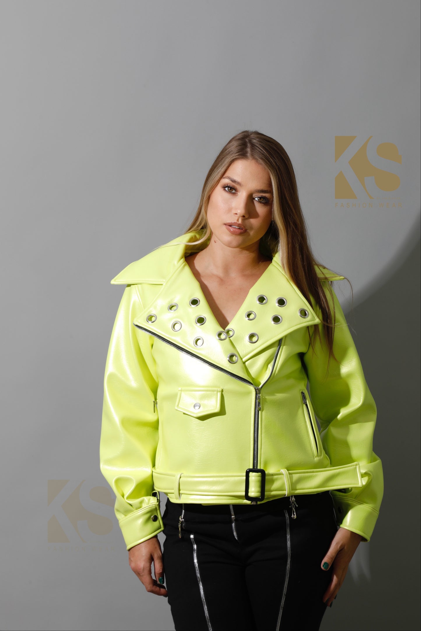 Textured Leather Biker Jacket - Lime Green