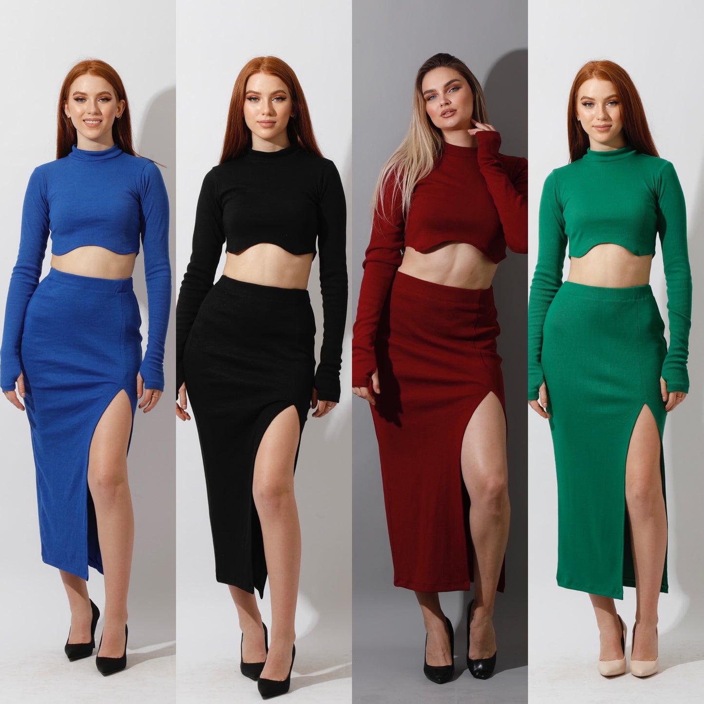 Co-ord Crop Top & Midi Skirt Rib Set - Maroon