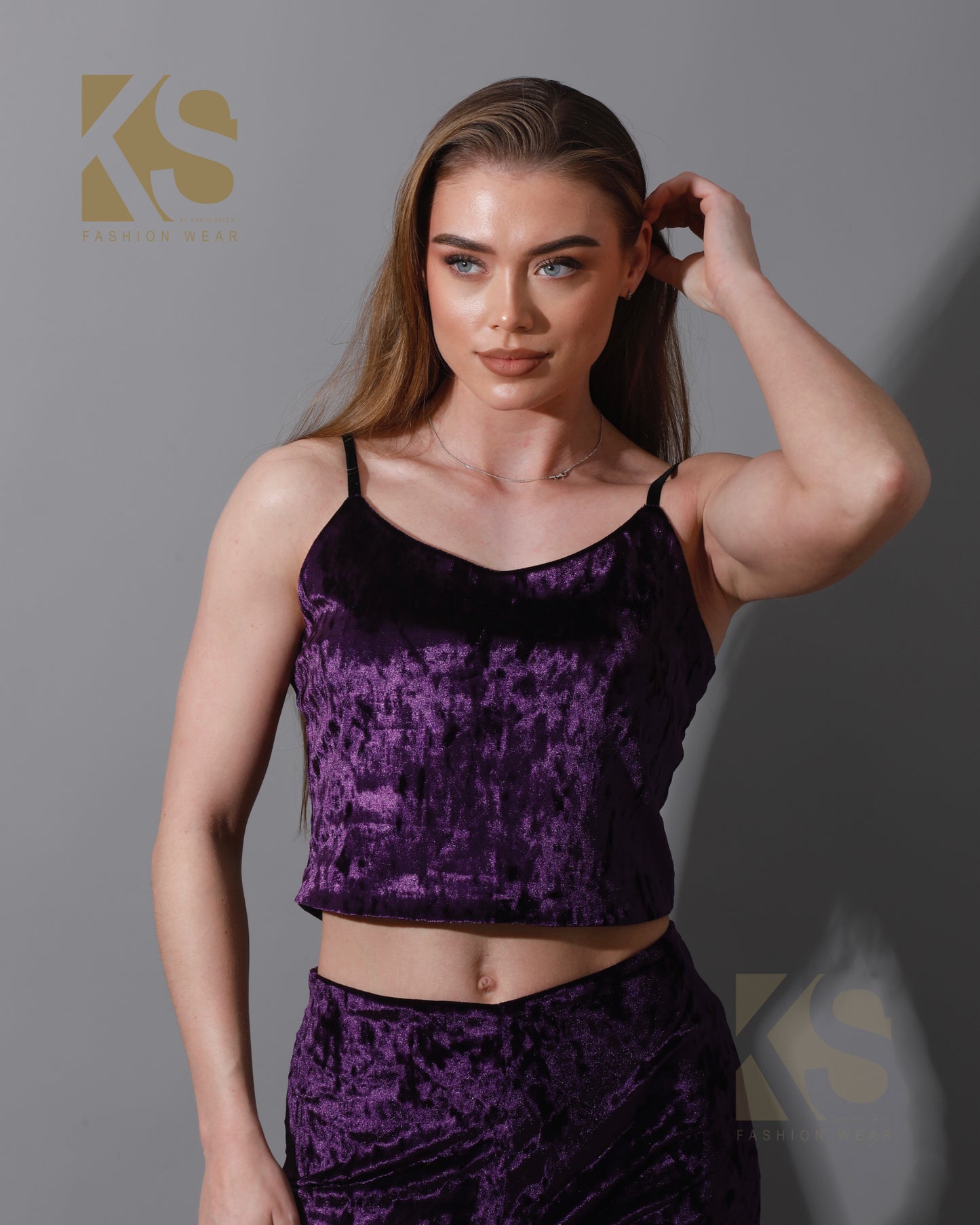 Velvet Crop Top & Bootcut Trousers Set - Purple