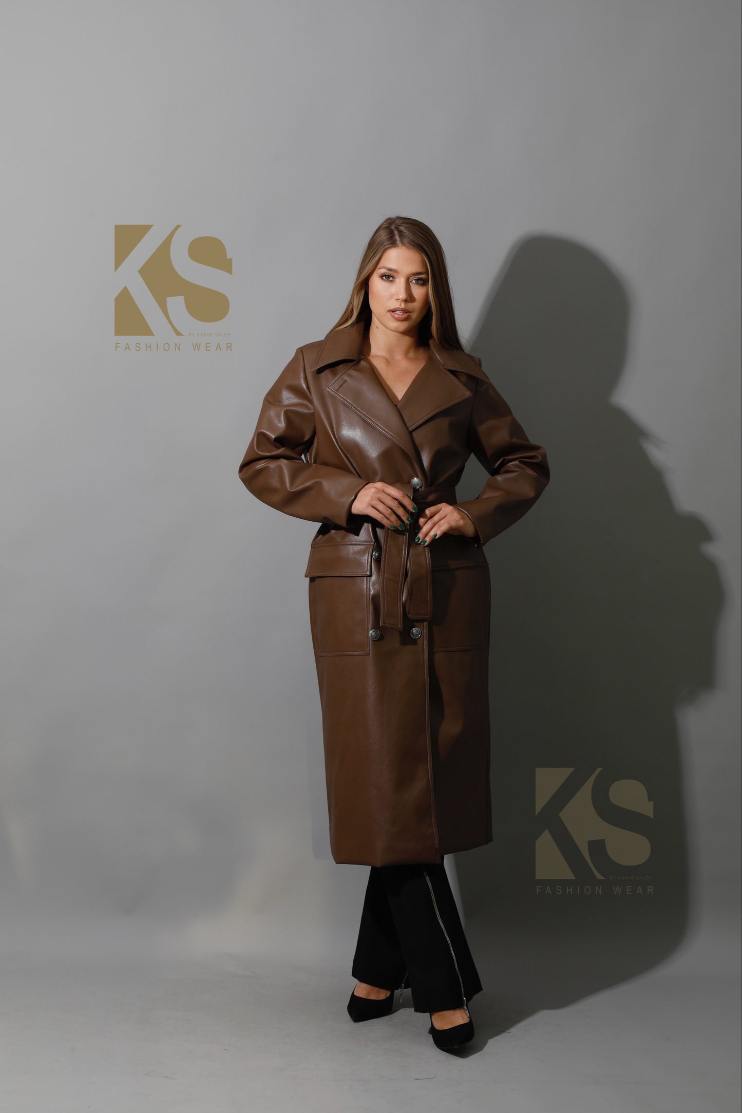 Textured Leather Coat - Brown